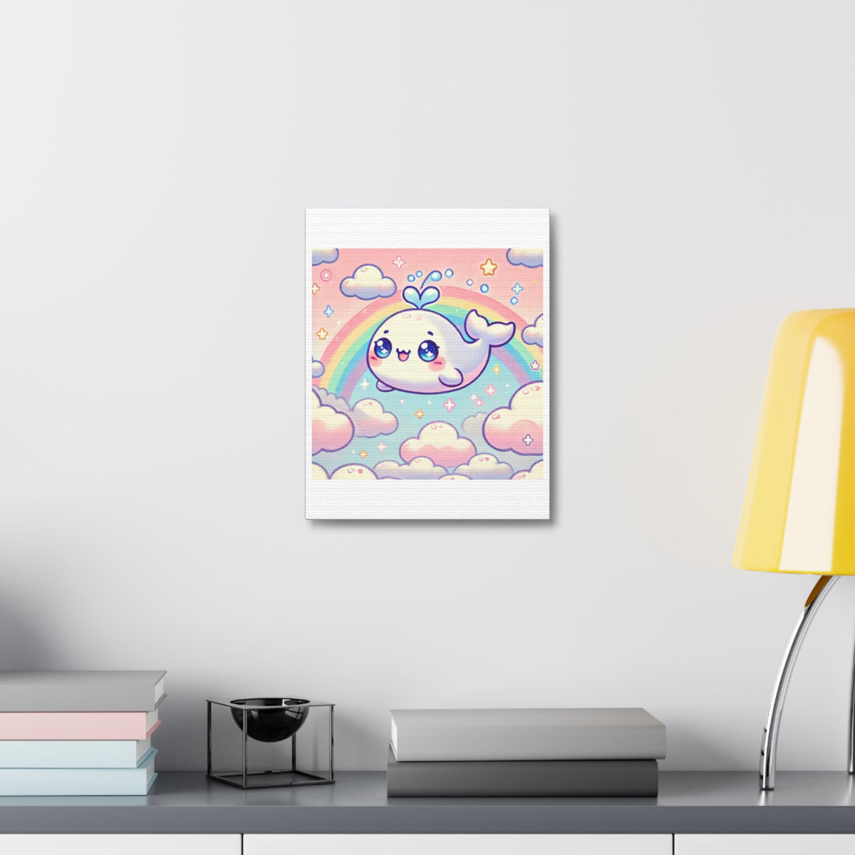 Kawaii Rainbow Whale Pastel Cloud Canvas Wall Art