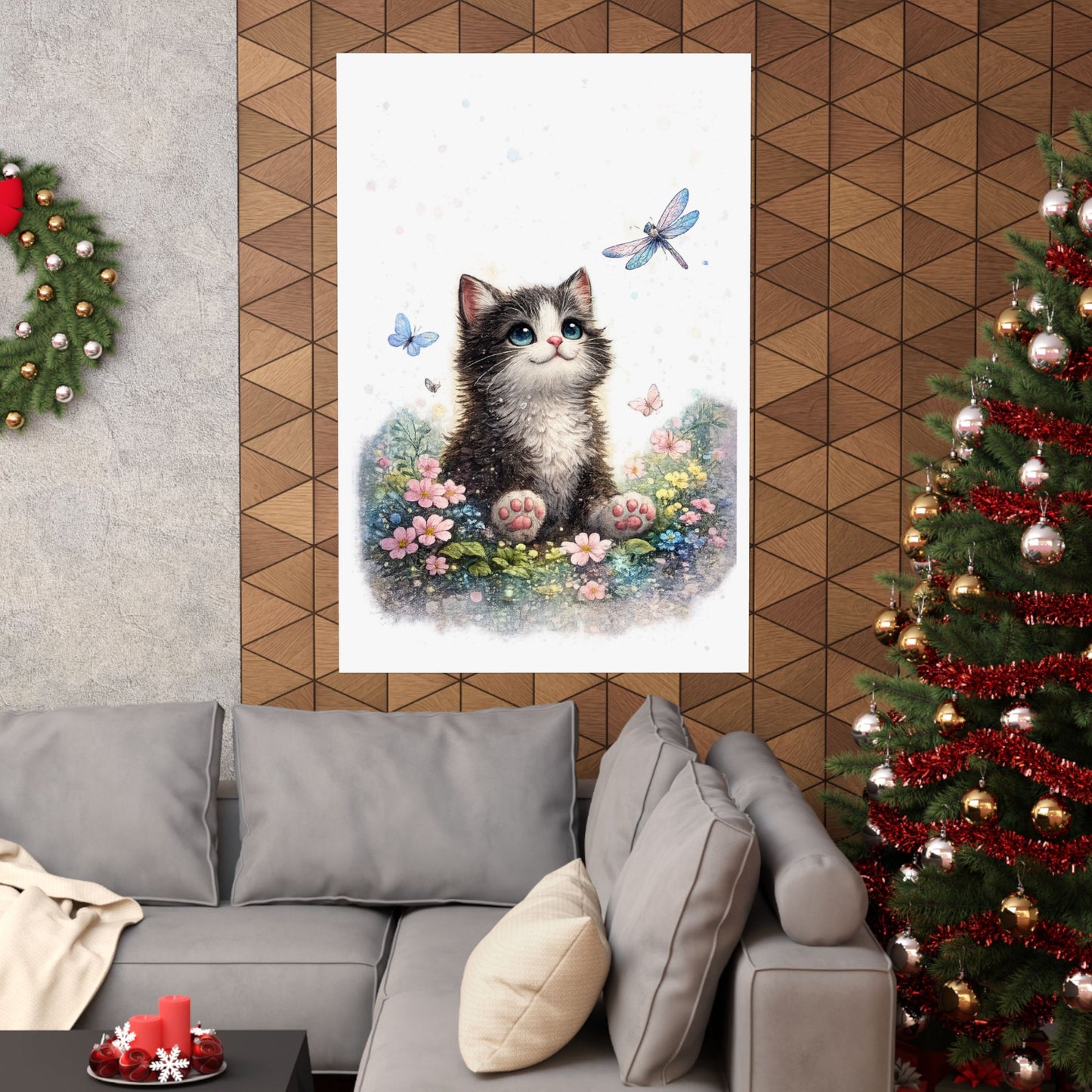 Whimsical Kitten Butterfly Garden Art Poster