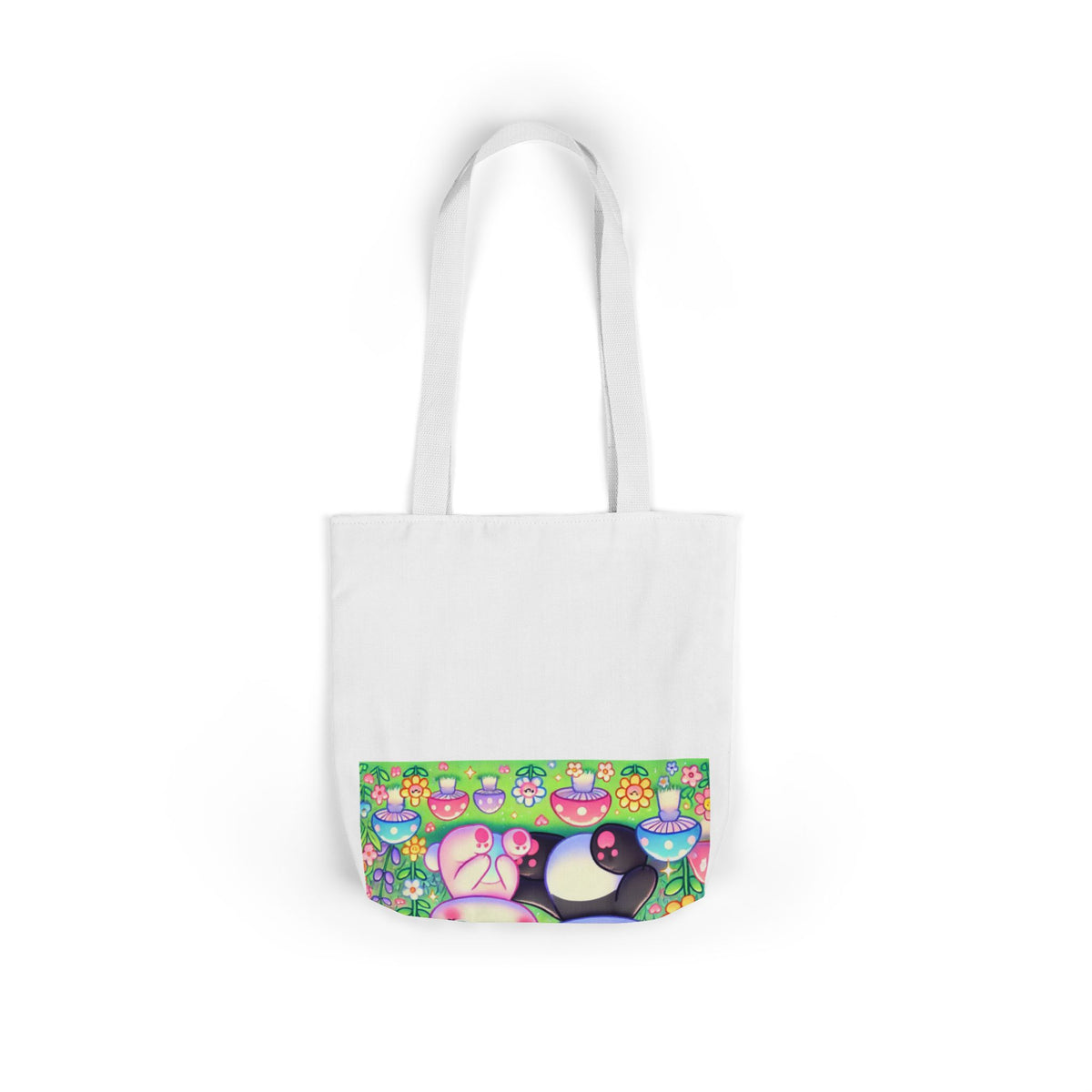 Pastel Panda and Bunny Rainbow Garden Canvas Tote Bag