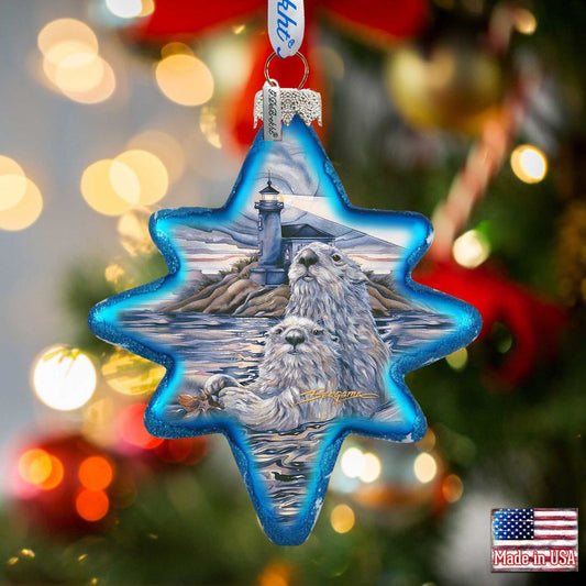 Starlight Otter Lighthouse Glass Ornament by J. Bergsma - Wildlife Holiday Decor - 755-572-JB
