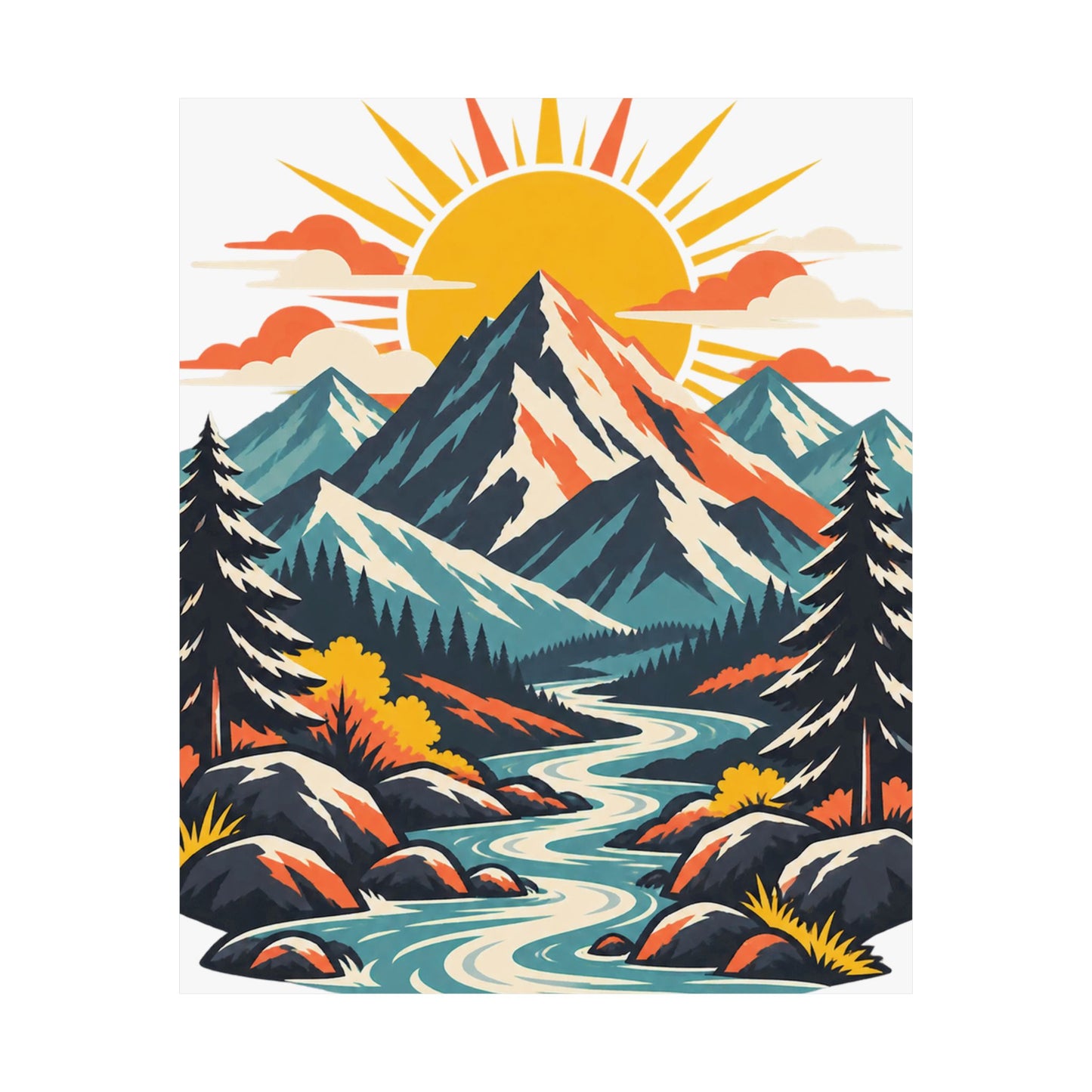Alpine Sunrise River Mountain Adventure Art Poster