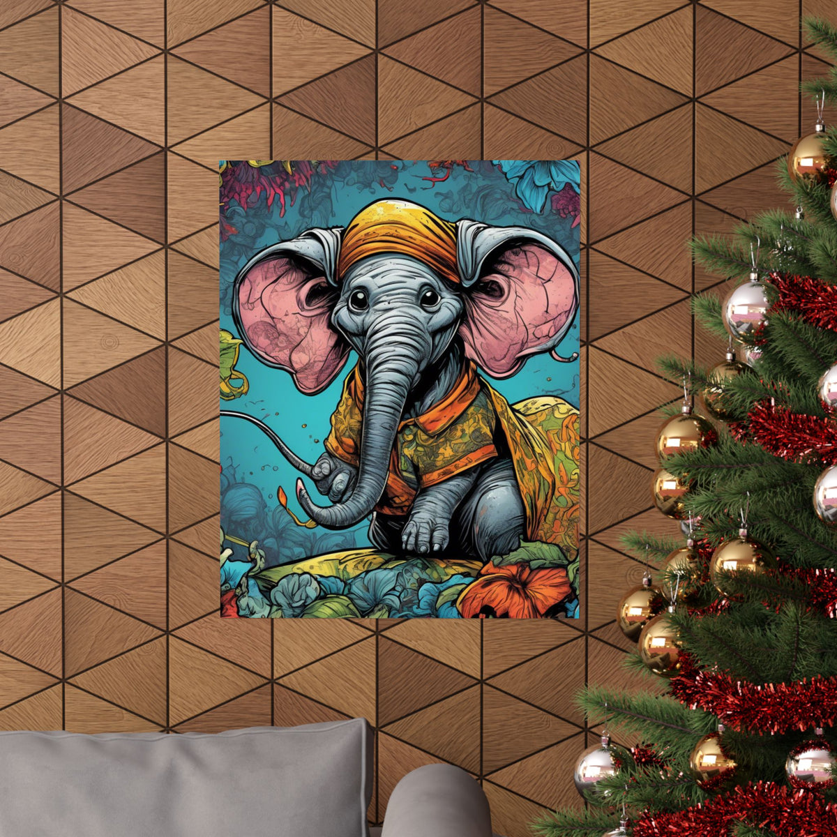 Colorful Storybook Elephant Floral Garden Wall Art Poster