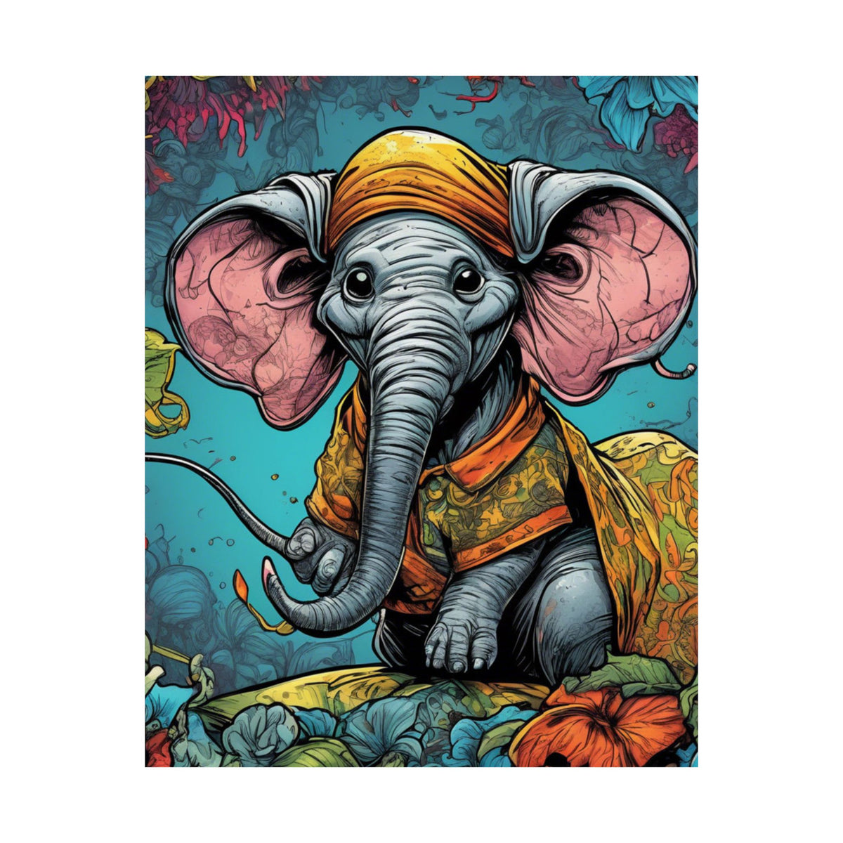 Colorful Storybook Elephant Floral Garden Wall Art Poster