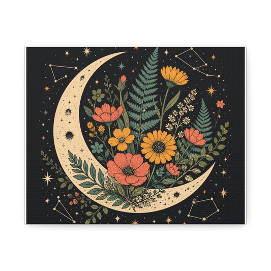 Celestial Wildflower Crescent Moon Botanical Canvas Art