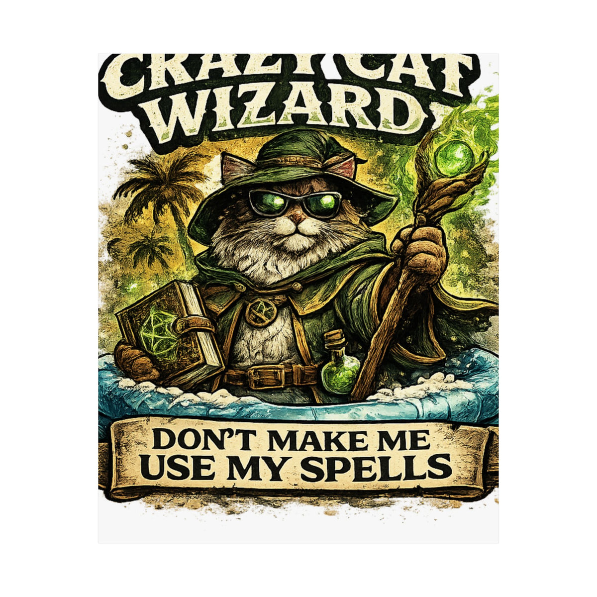 Crazy Cat Wizard Funny Fantasy Magic Art Poster