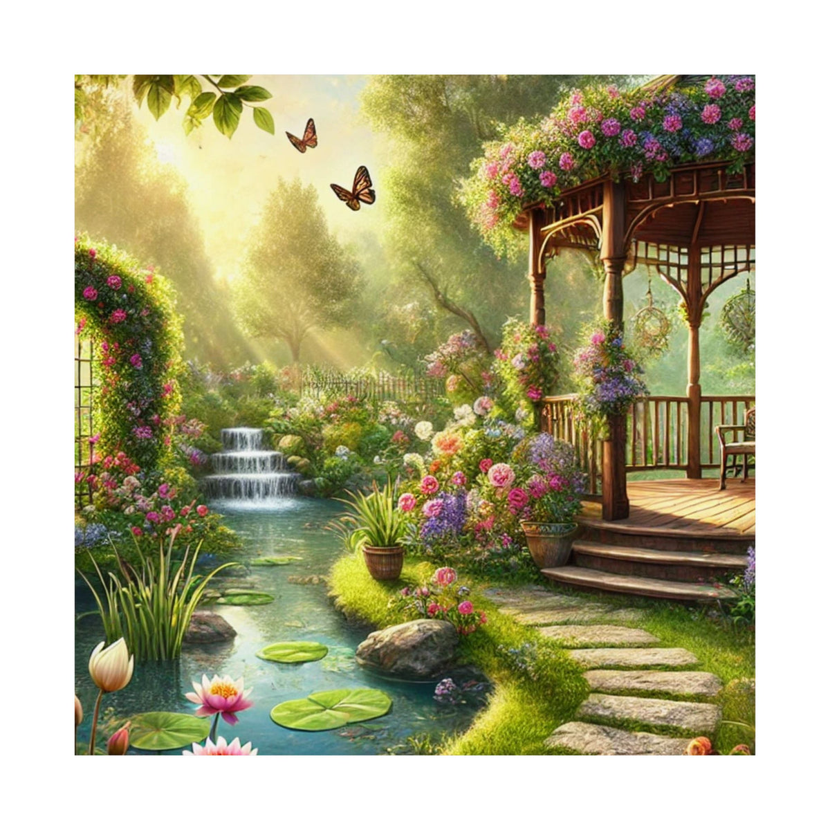 Sunlit Rose Gazebo Cottage Garden Wall Art Poster