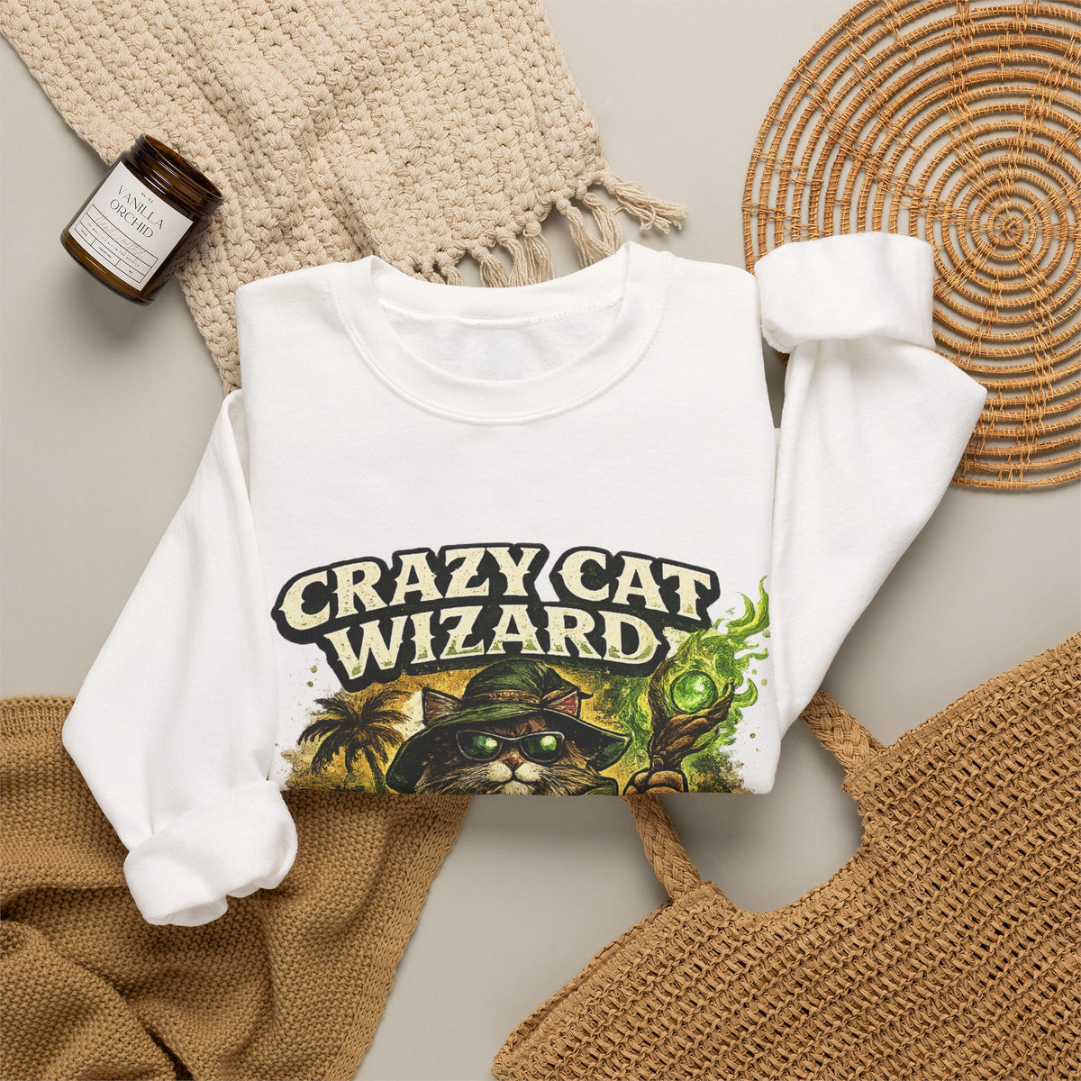 Crazy Cat Wizard Funny Fantasy Art Sweatshirt