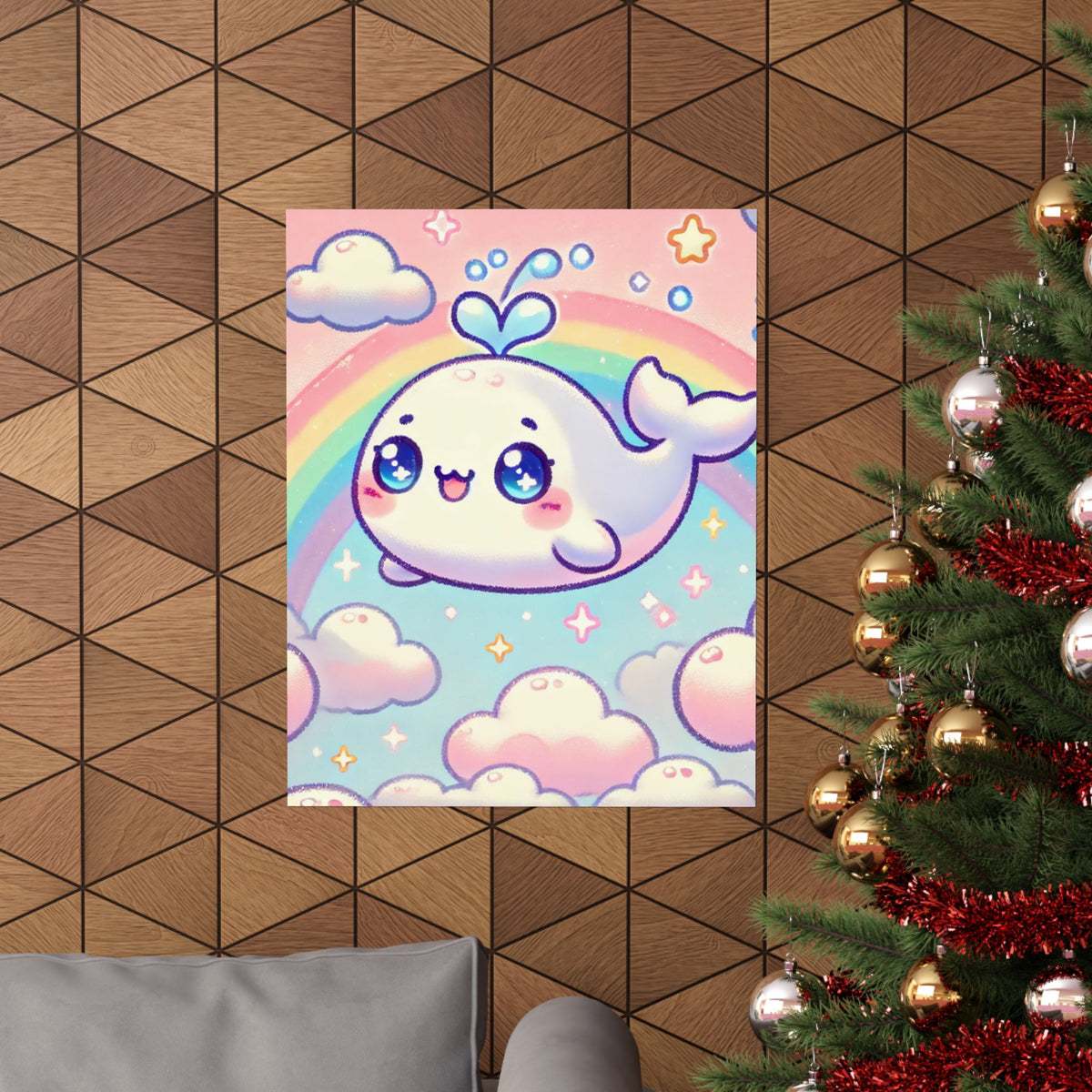 Kawaii Rainbow Whale Pastel Cloud Wall Art Poster