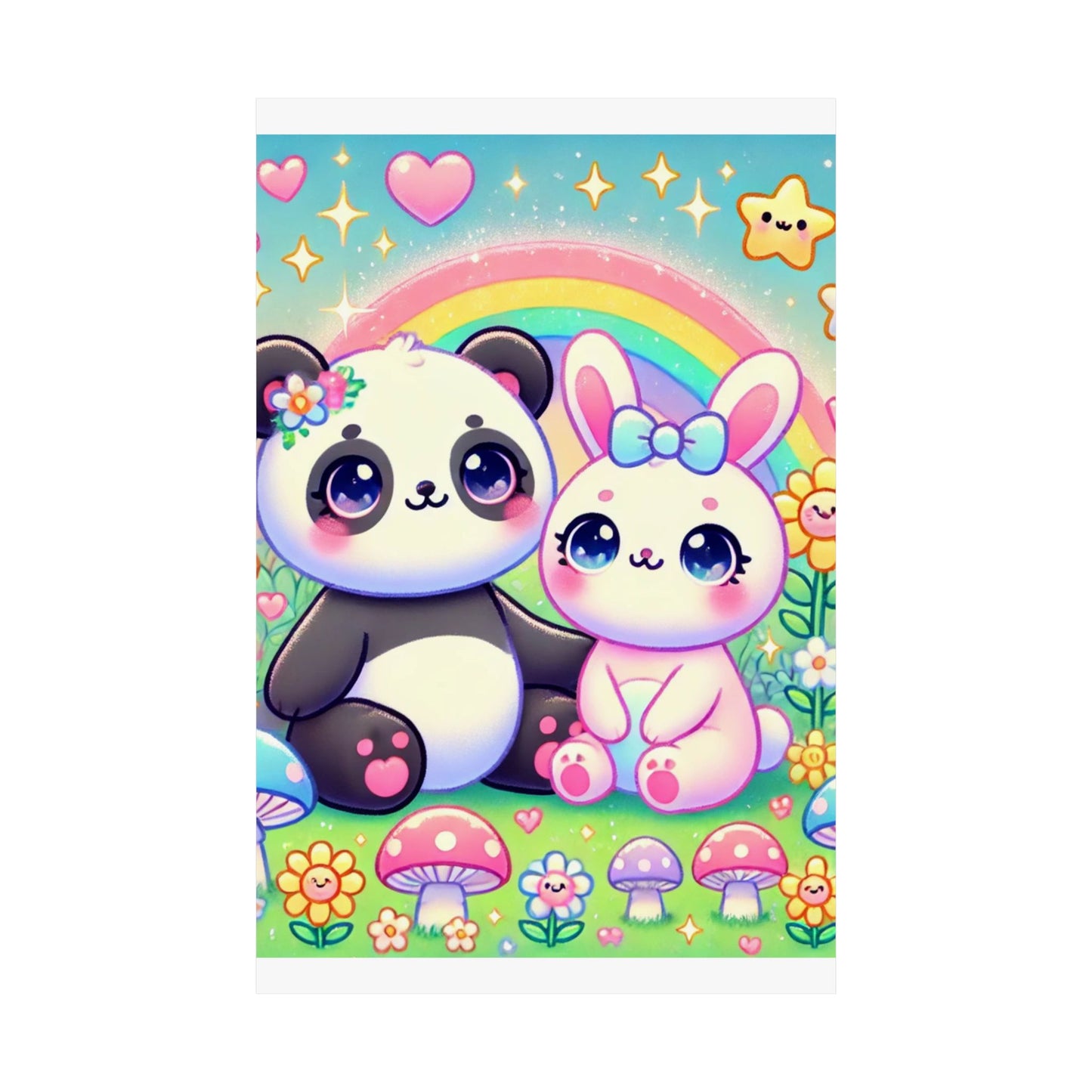Pastel Panda and Bunny Rainbow Garden Wall Art Poster