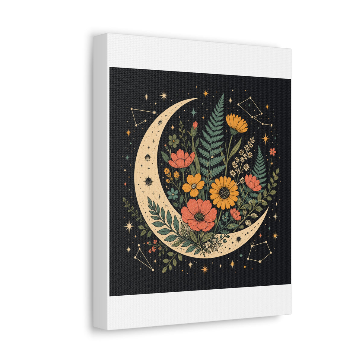 Celestial Wildflower Crescent Moon Botanical Canvas Art