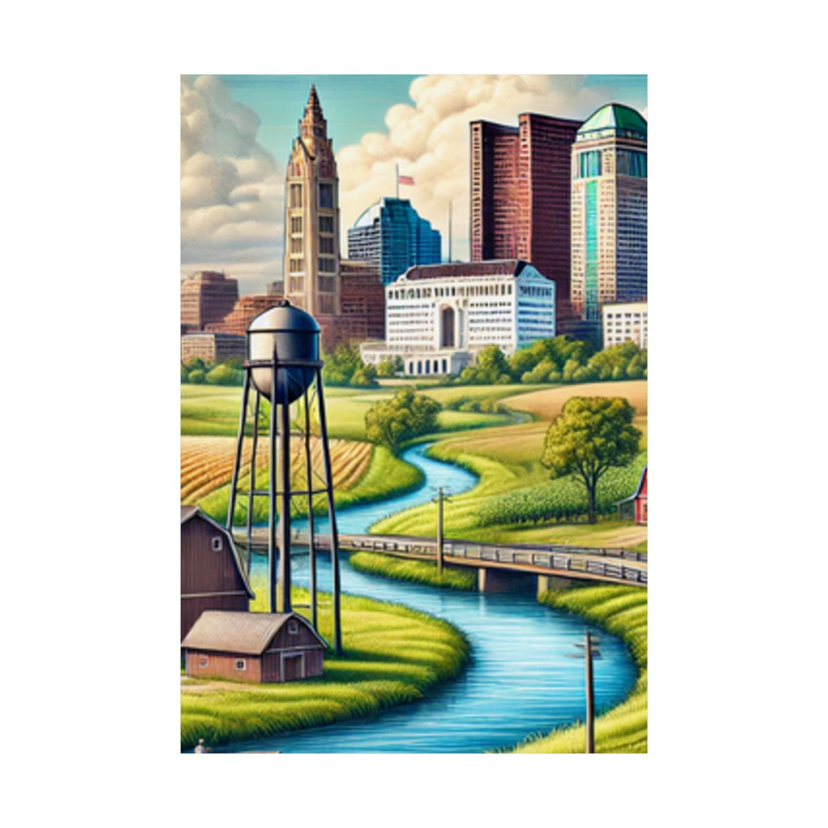 Rural River City Skyline Hometown Landscape Poster Art