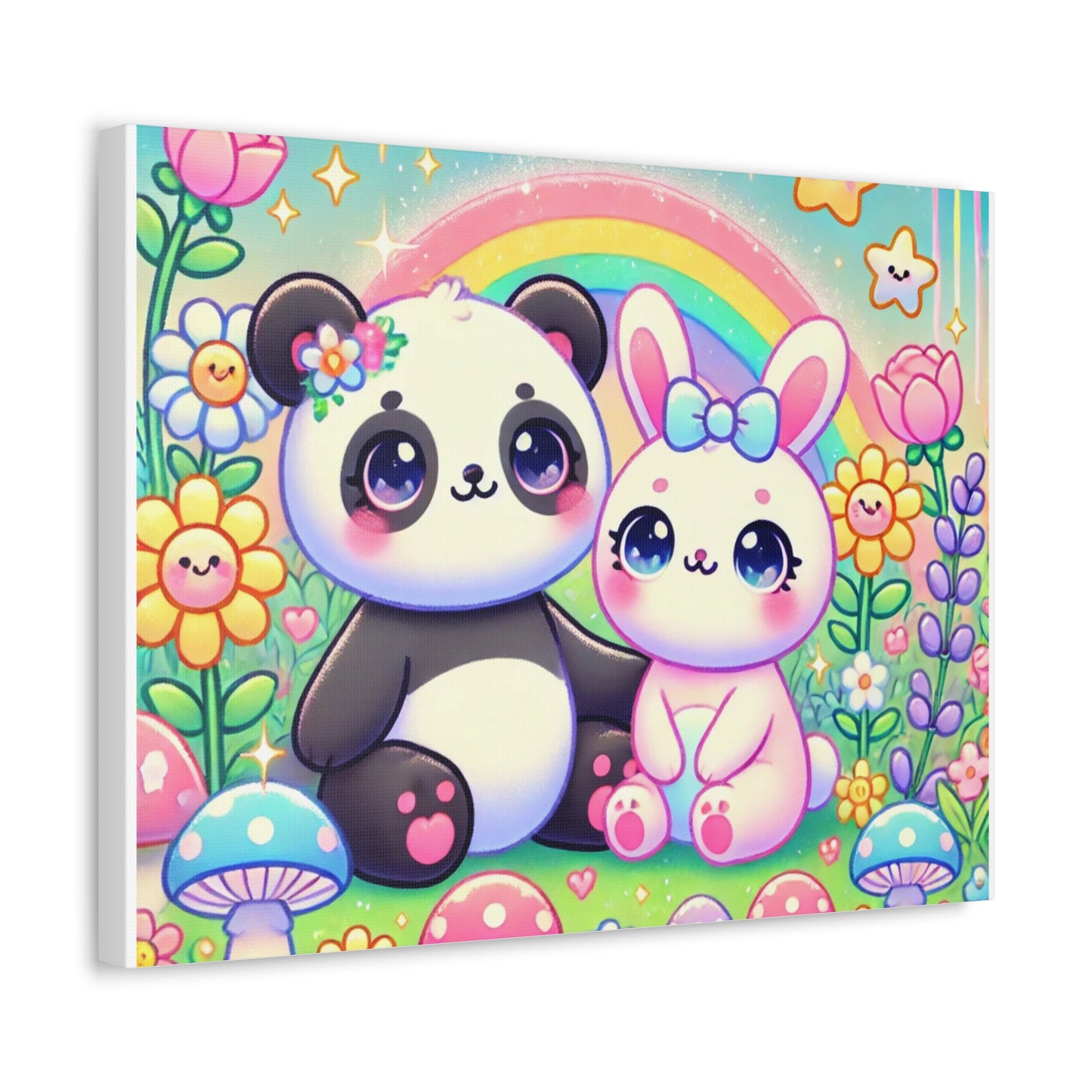 Pastel Panda and Bunny Rainbow Garden Canvas Wall Art