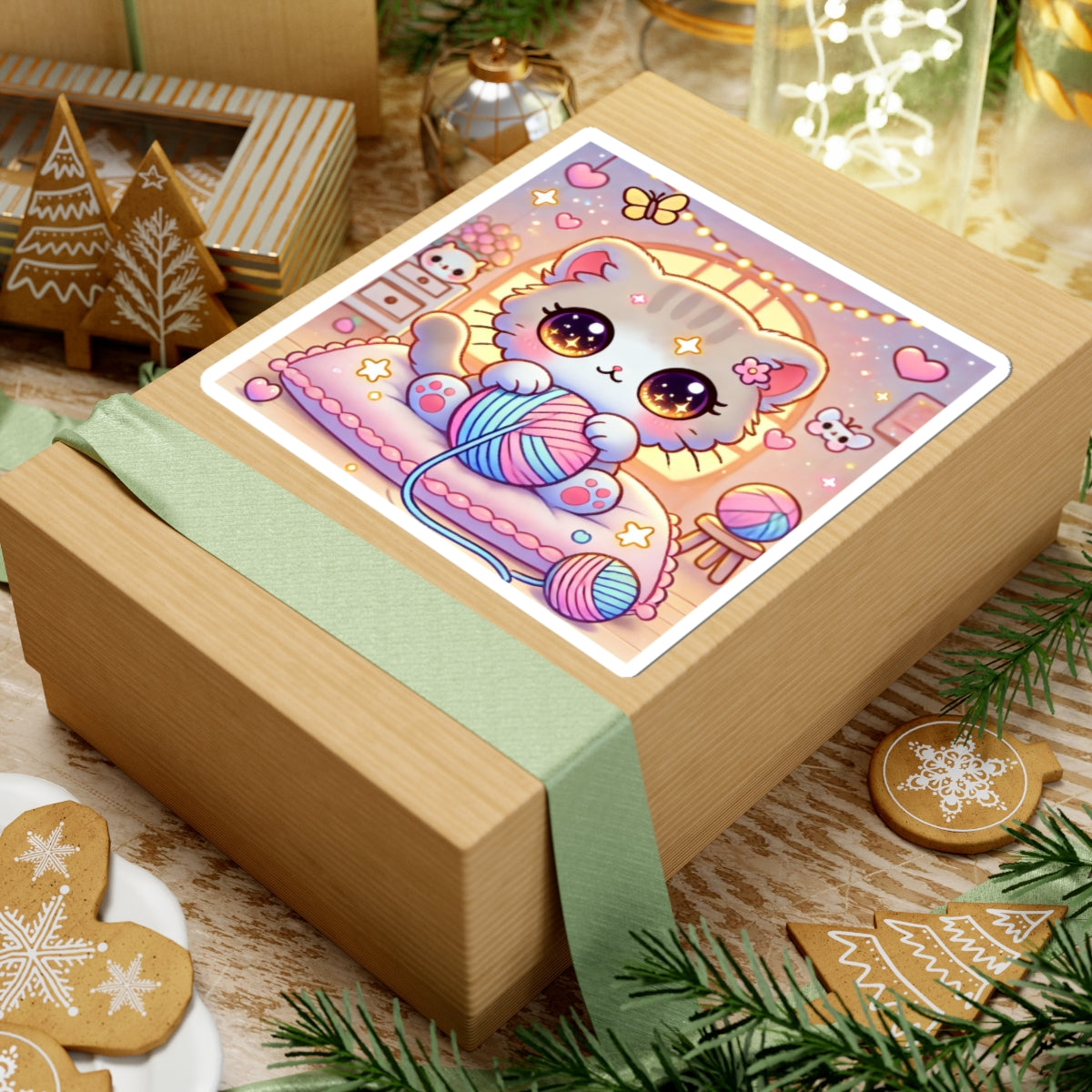 Cozy Kawaii Knitting Cat Pastel Yarn Sticker