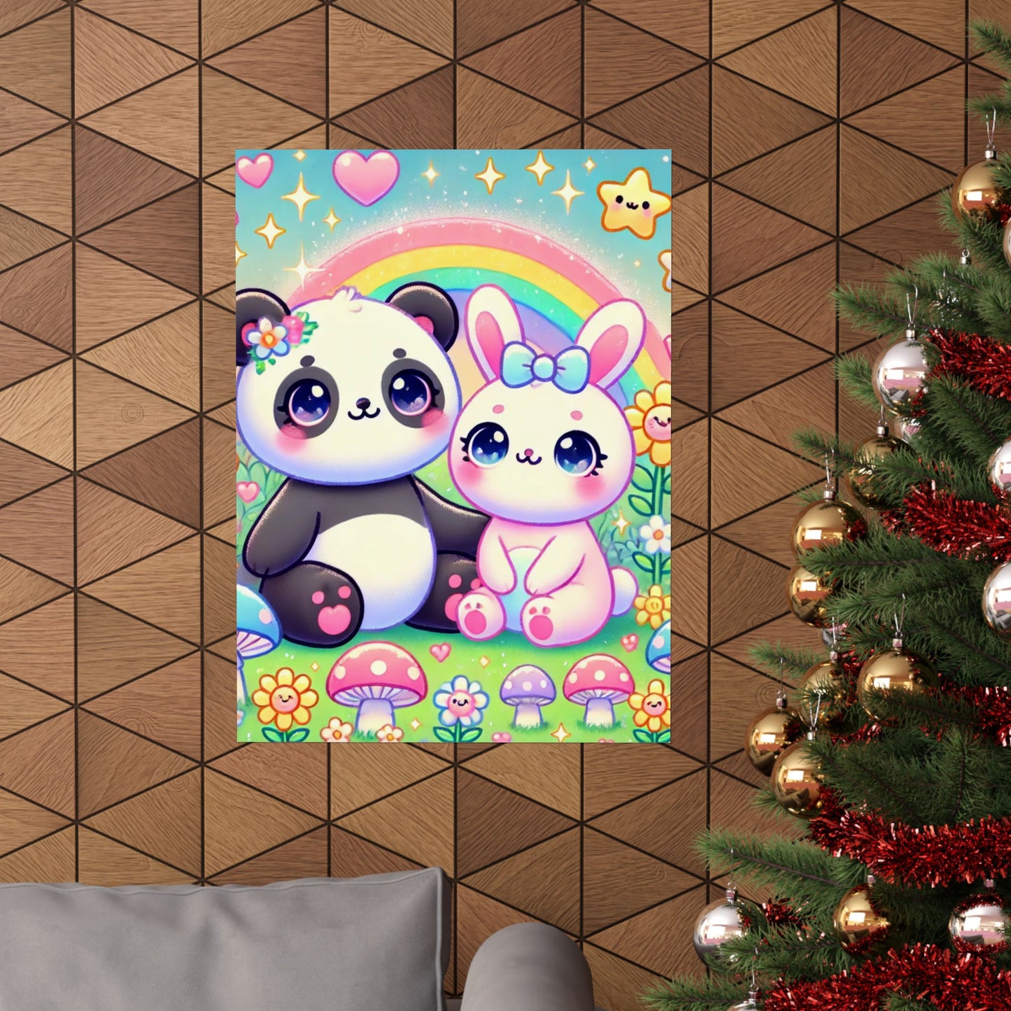 Pastel Panda and Bunny Rainbow Garden Wall Art Poster