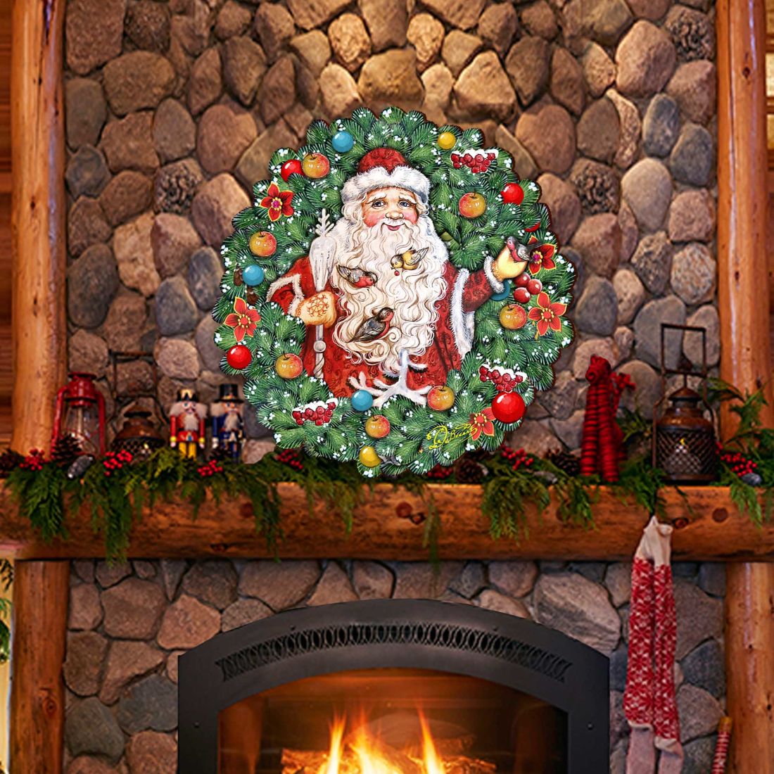 Santa Wreath with Birds Door Decor by G. DeBrekht - Christmas Santa Snowman Decor - 8185320H