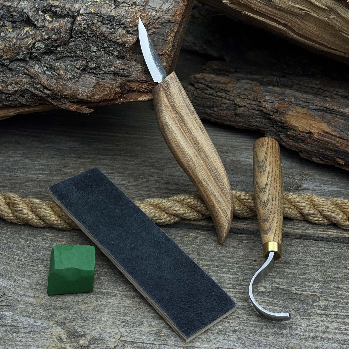 3-Piece Spoon Carving Set – Whittling Knife, Hook Knife & Sharpening Strop