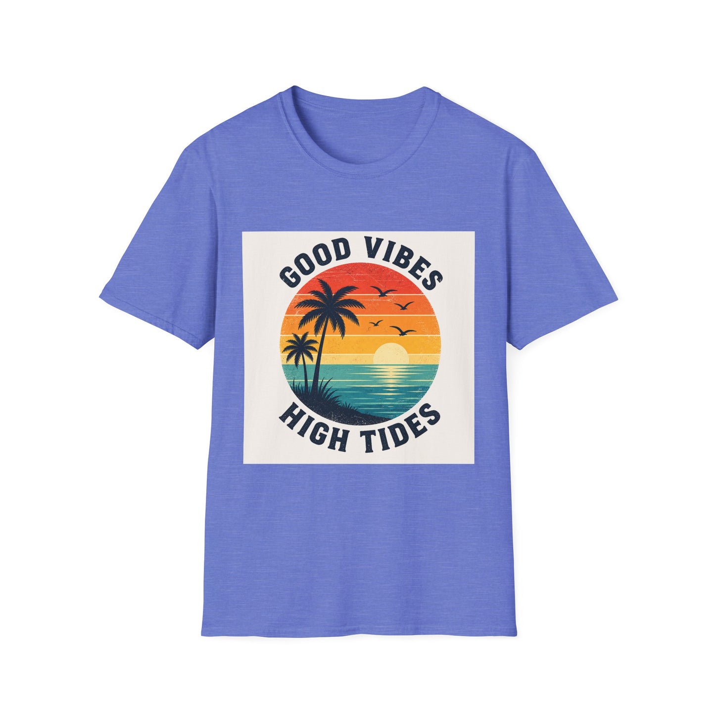 Good Vibes High Tides T-Shirt | Retro Sunset Palm Beach Design