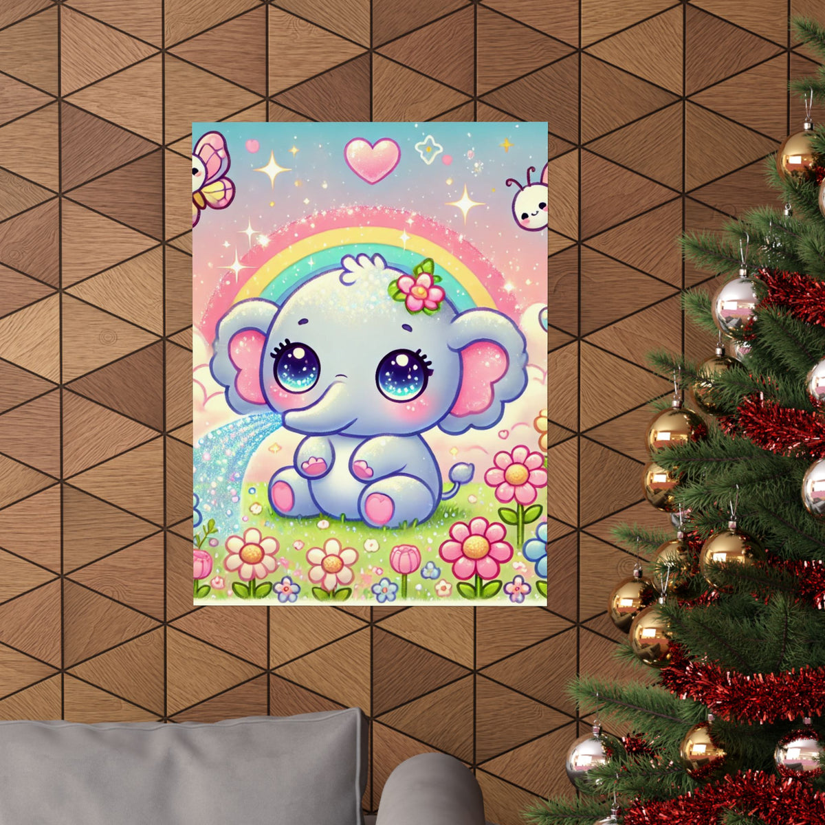 Pastel Rainbow Baby Elephant Floral Wall Art Poster