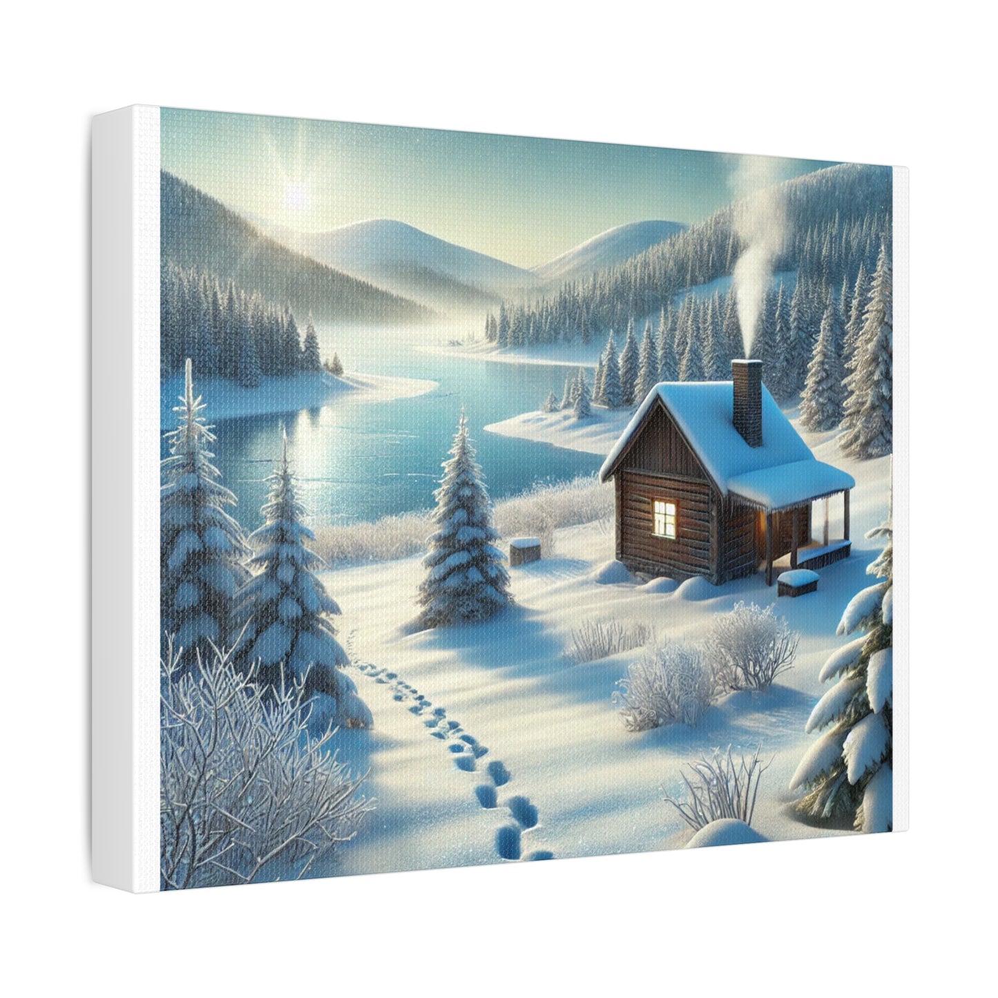 Snowy Cabin Winter Lake Landscape Art Canvas