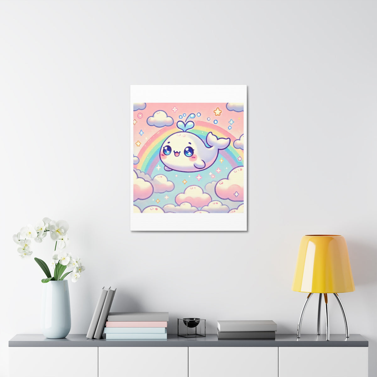 Kawaii Rainbow Whale Pastel Cloud Canvas Wall Art