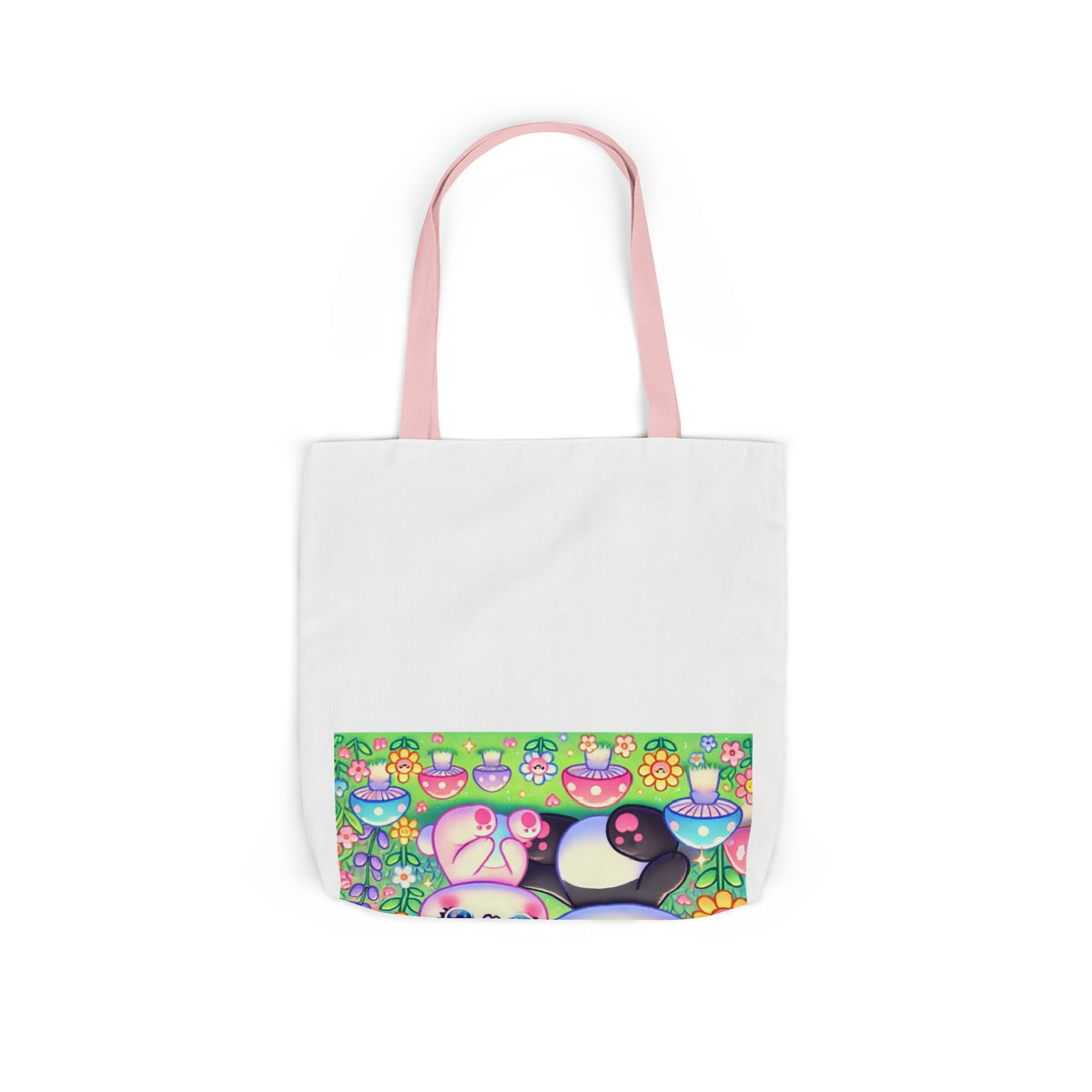 Pastel Panda and Bunny Rainbow Garden Canvas Tote Bag