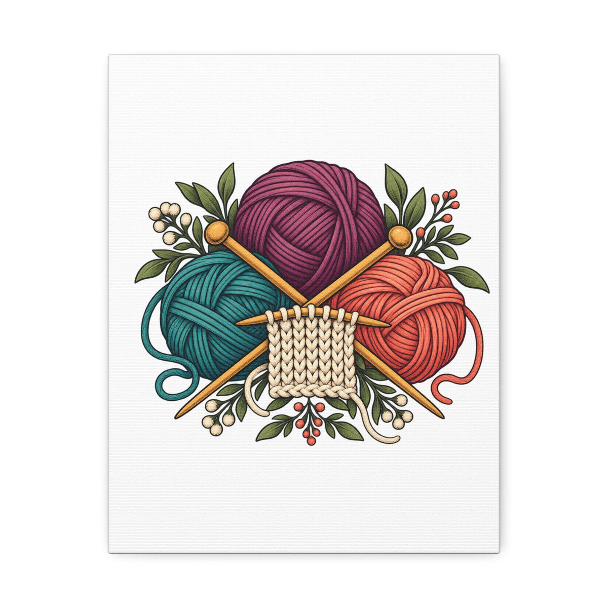 Retro Yarn and Knitting Botanical Art Canvas