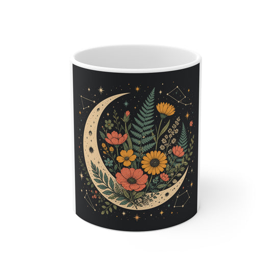 Celestial Wildflower Crescent Moon Botanical Coffee Mug