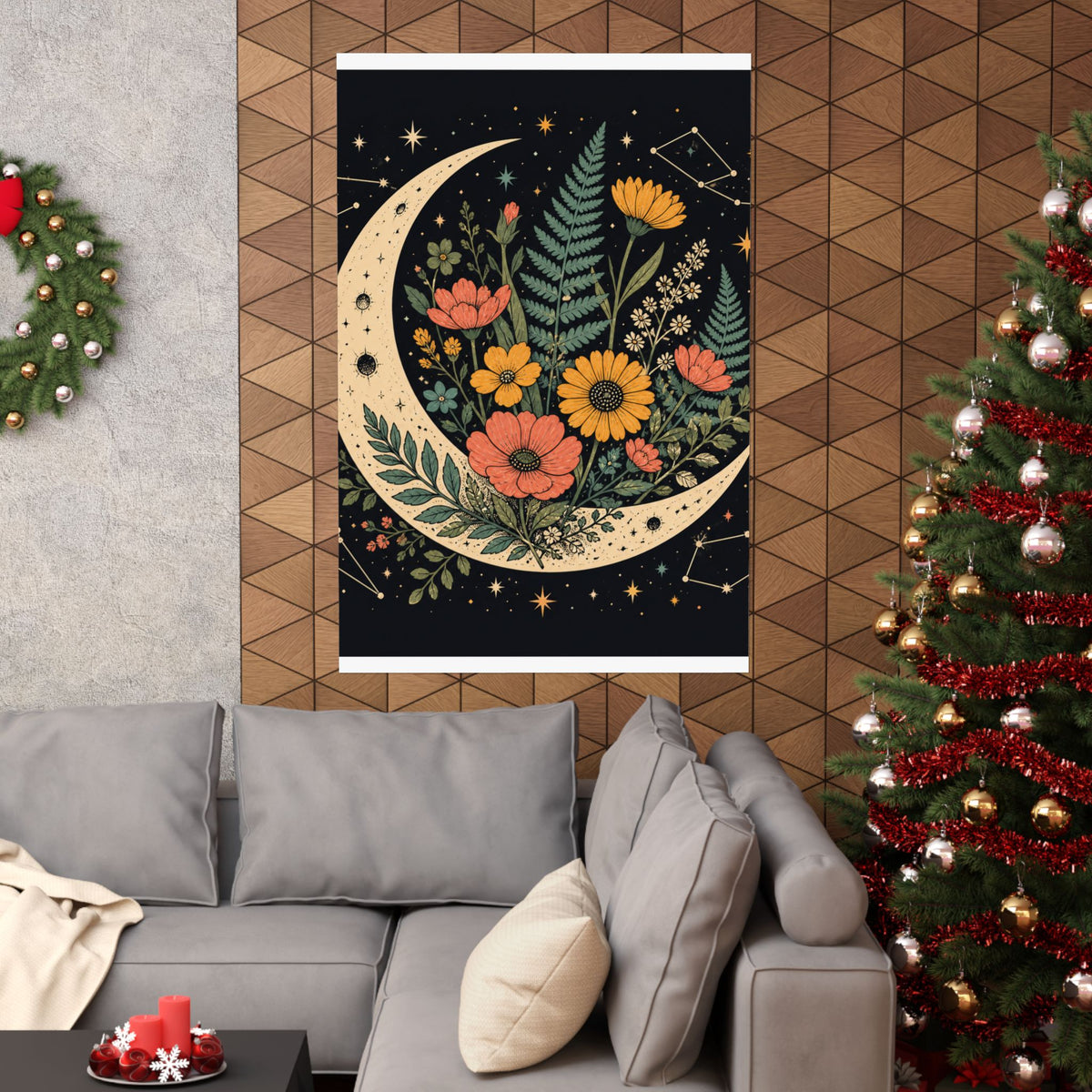 Celestial Wildflower Crescent Moon Botanical Art Poster