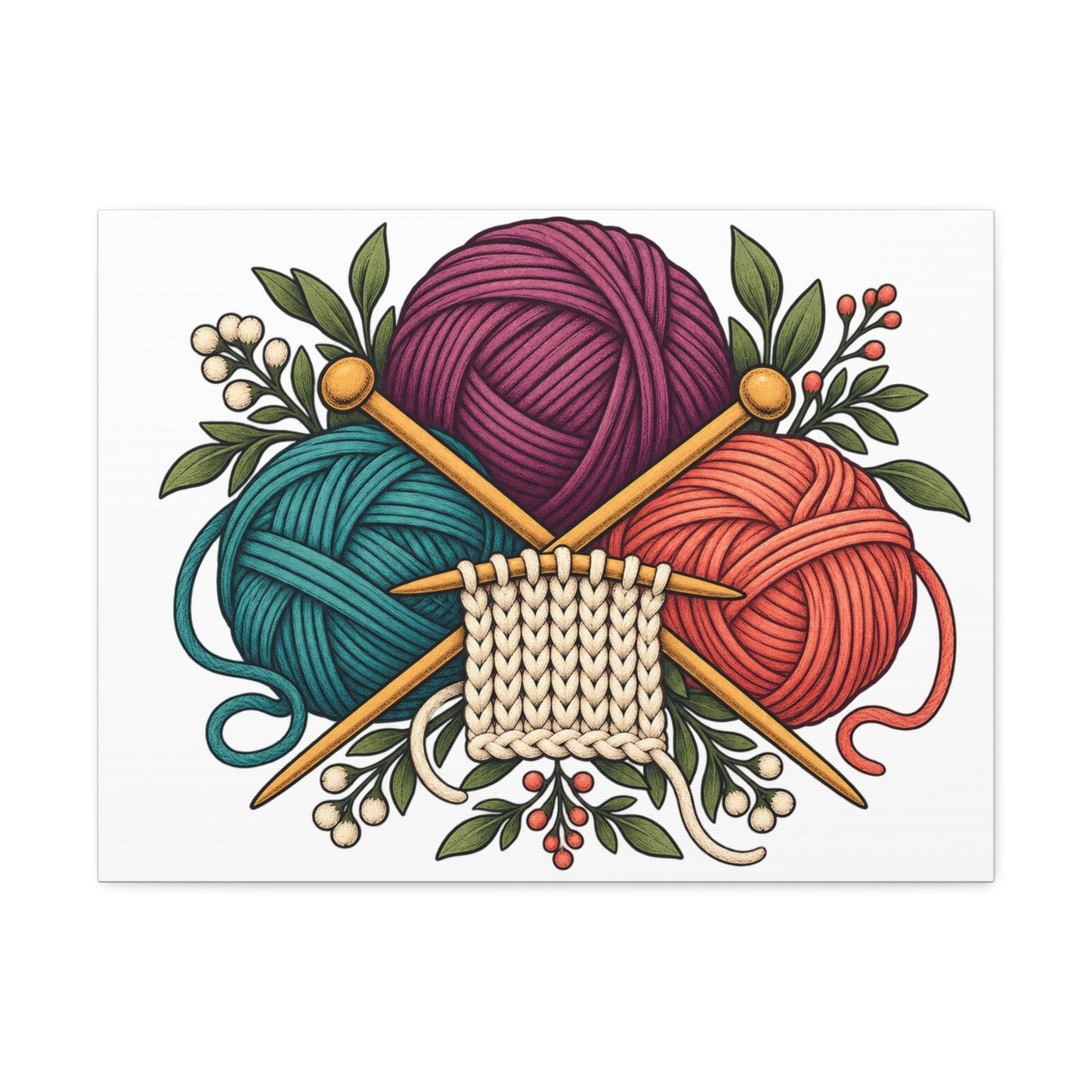 Retro Yarn and Knitting Botanical Art Canvas