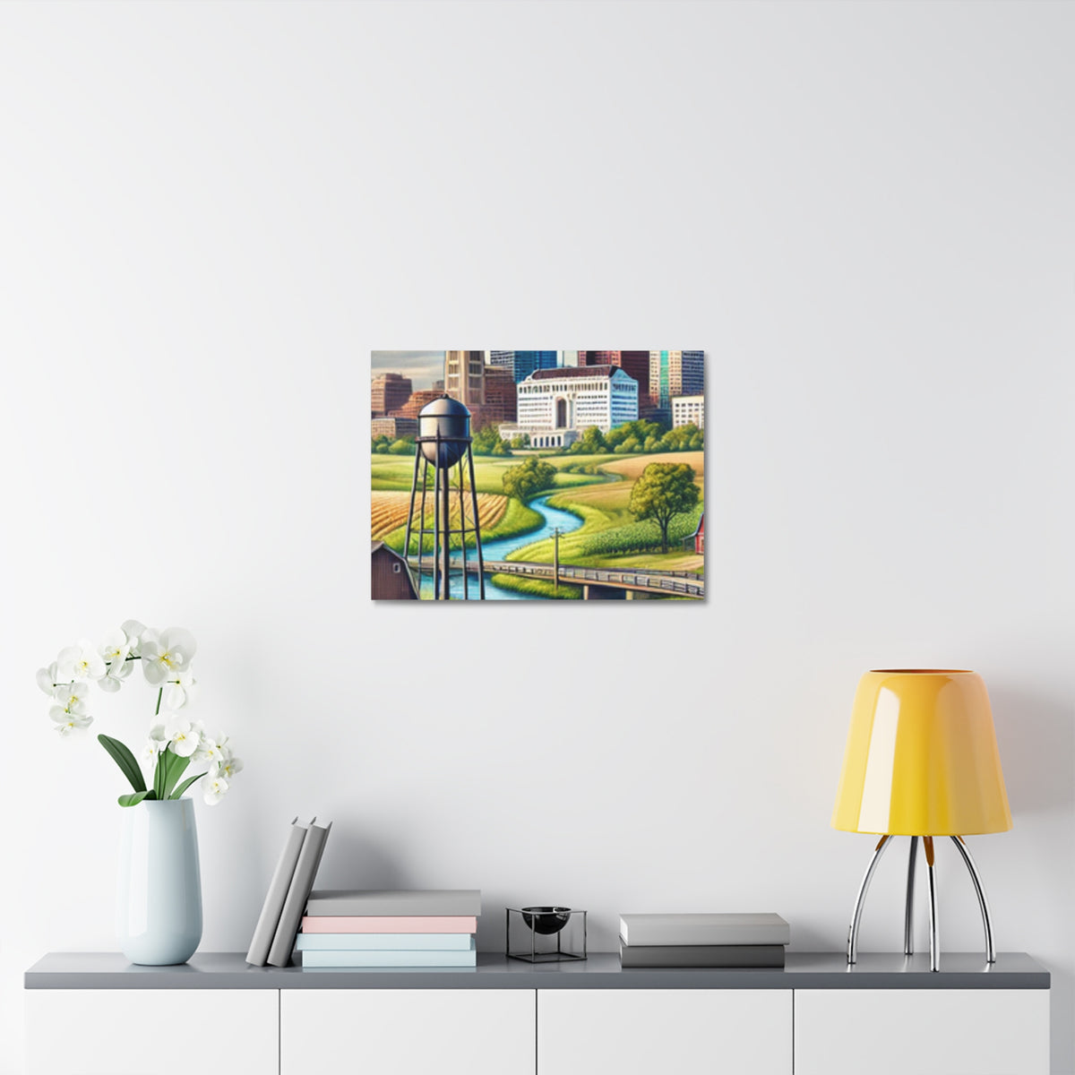 Rural River City Skyline Hometown Landscape Canvas Wall Art