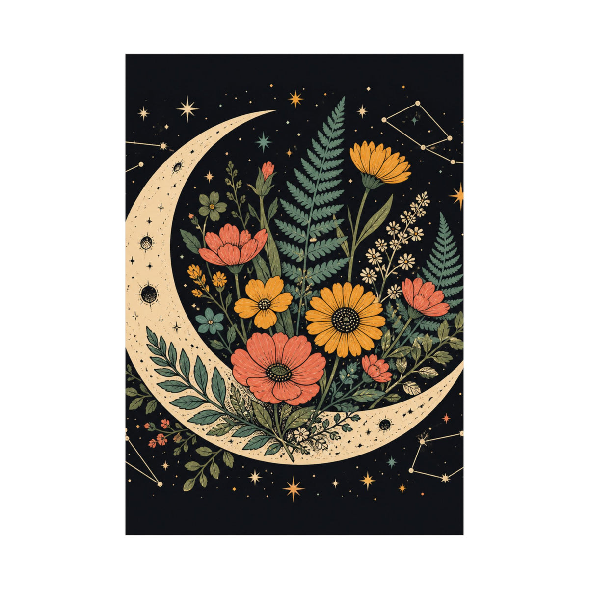 Celestial Wildflower Crescent Moon Botanical Art Poster