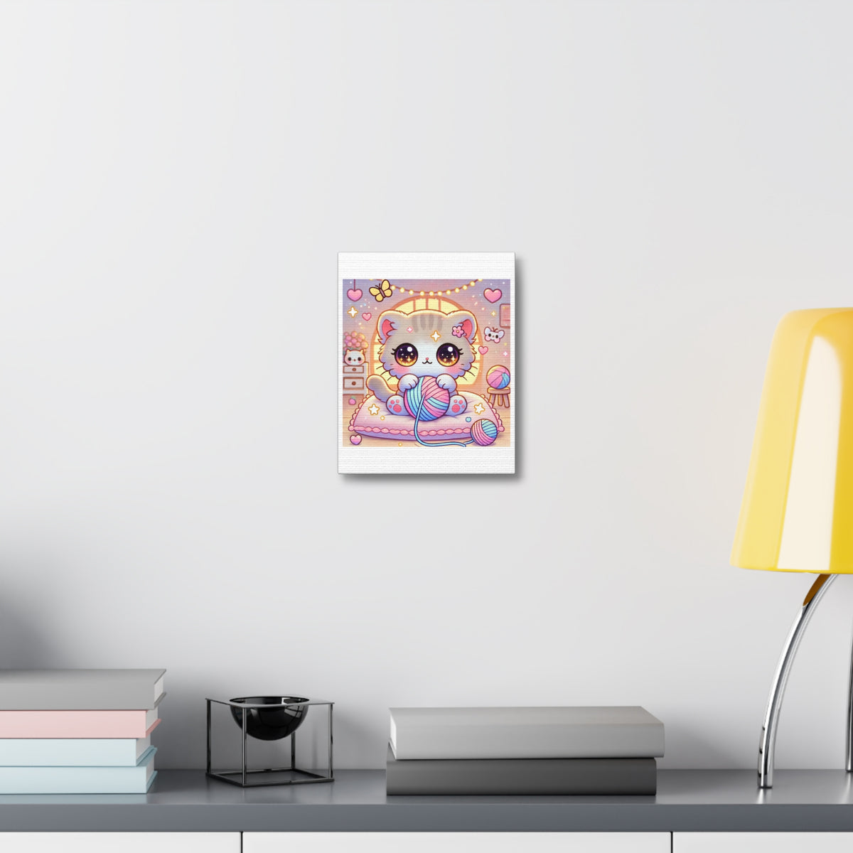 Cozy Kawaii Knitting Cat Pastel Yarn Canvas Wall Art
