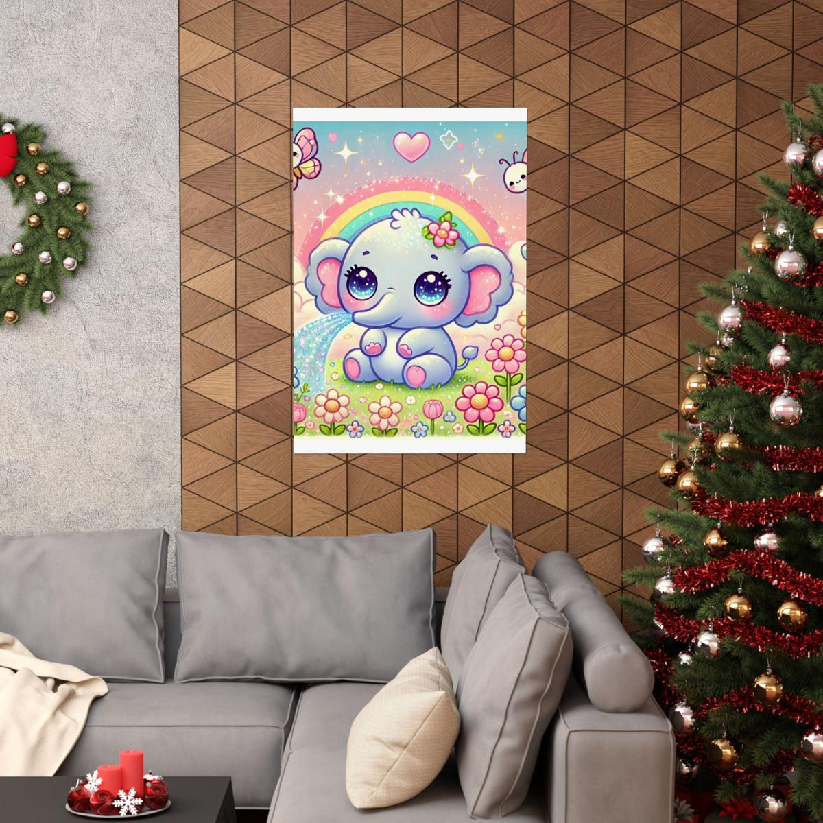 Pastel Rainbow Baby Elephant Floral Wall Art Poster