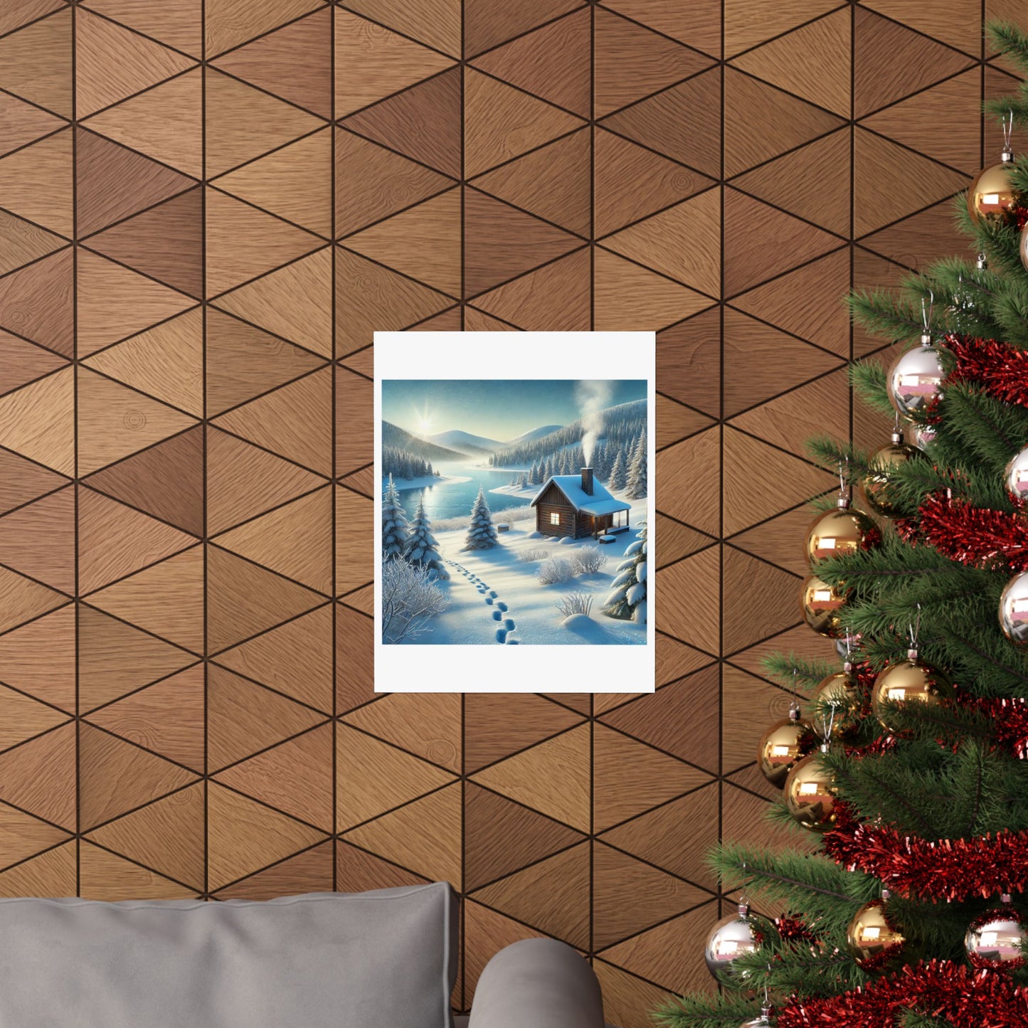 Snowy Cabin Winter Lake Landscape Art Poster