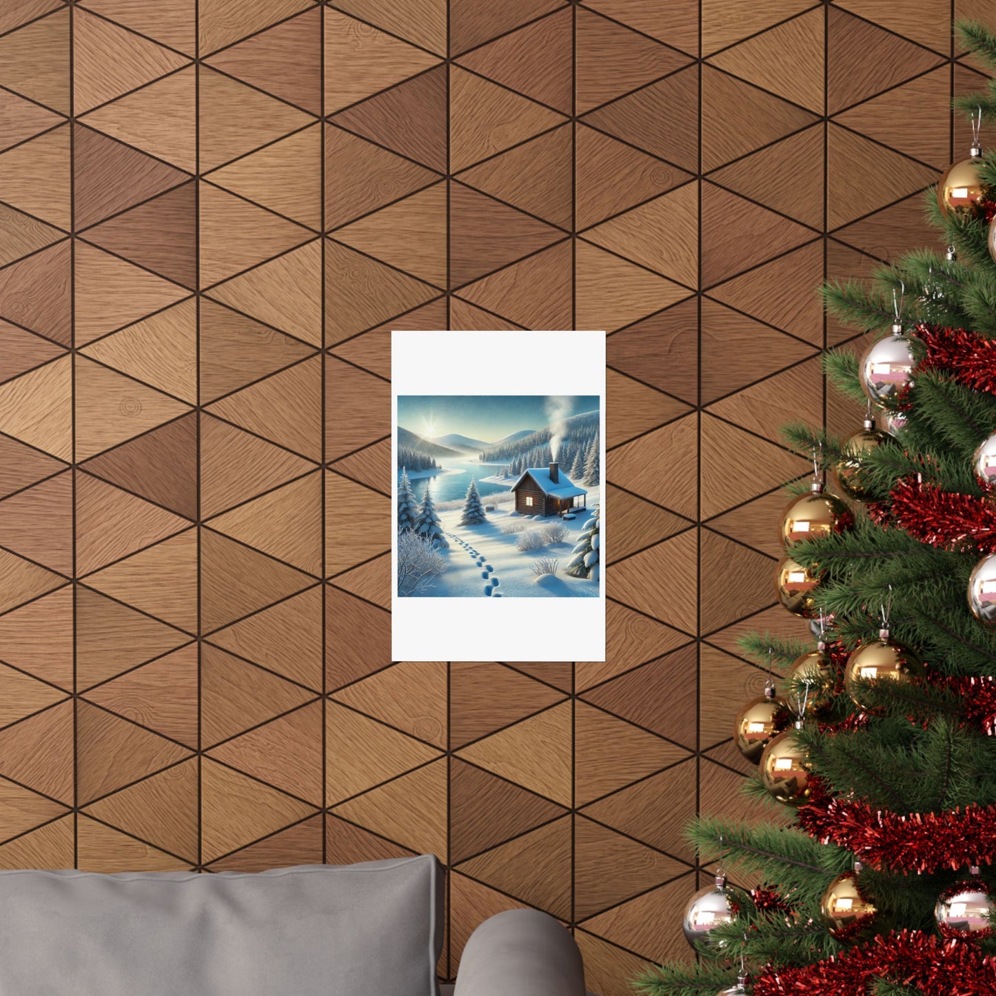 Snowy Cabin Winter Lake Landscape Art Poster