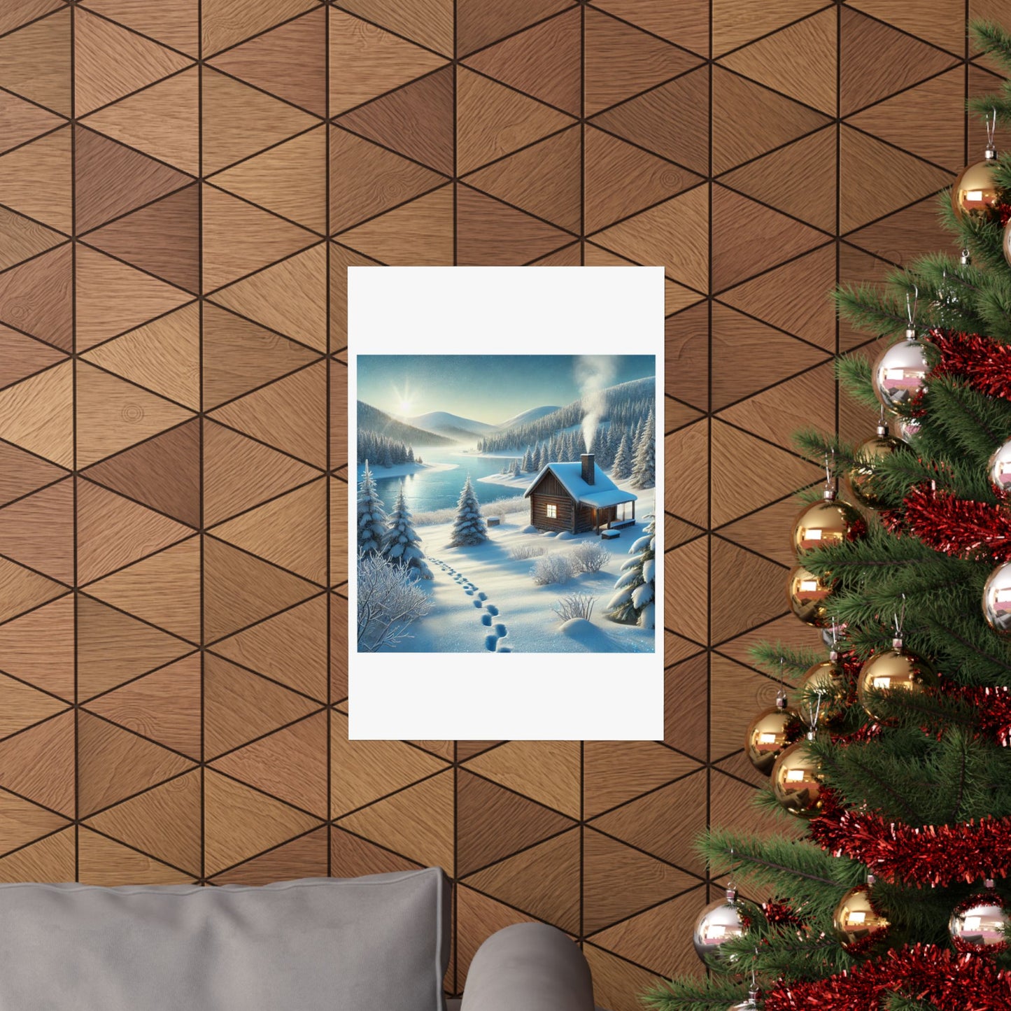 Snowy Cabin Winter Lake Landscape Art Poster