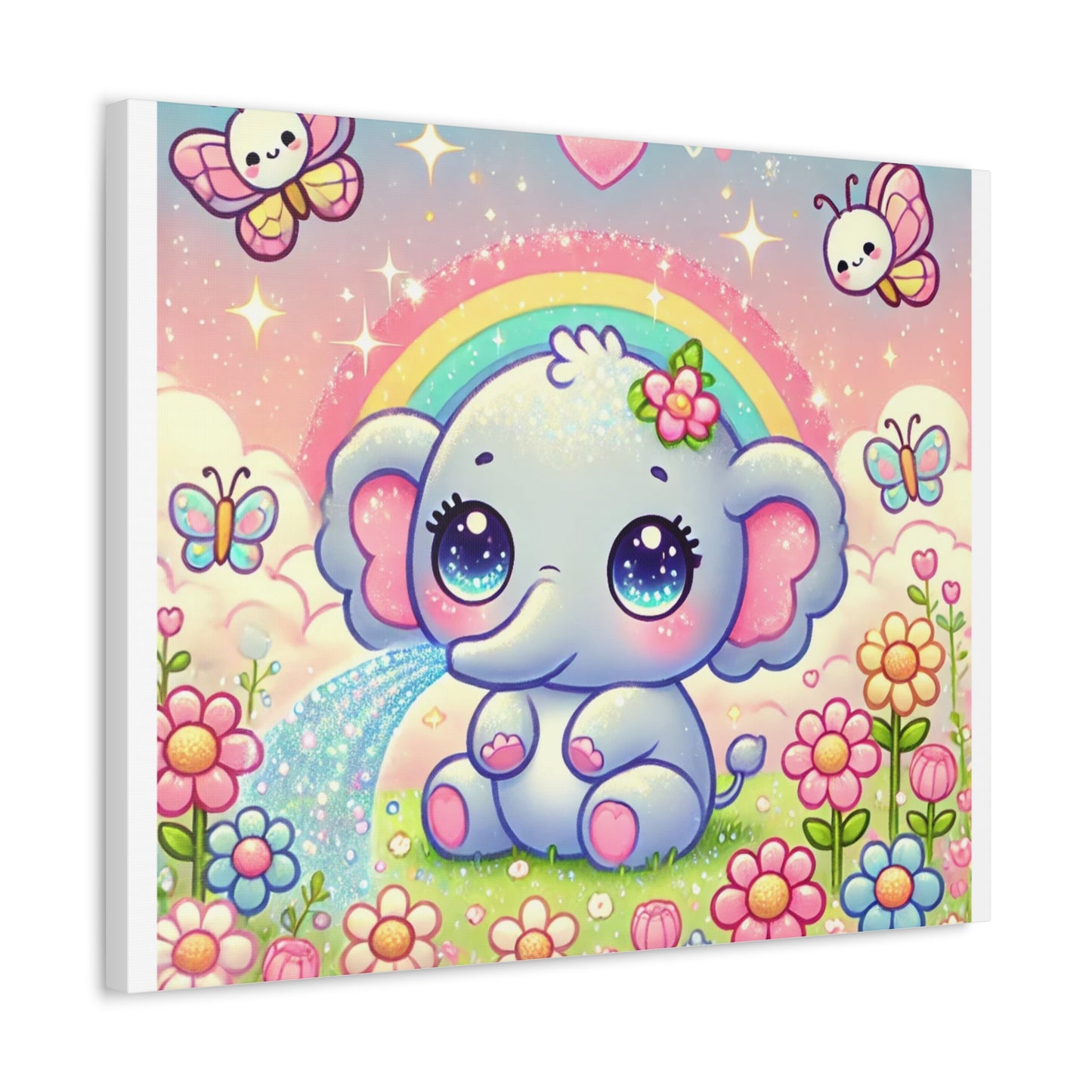 Pastel Rainbow Baby Elephant Floral Canvas Wall Art