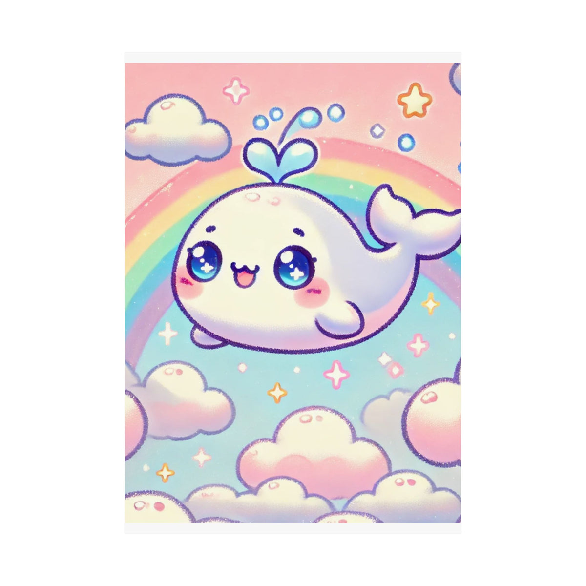 Kawaii Rainbow Whale Pastel Cloud Wall Art Poster
