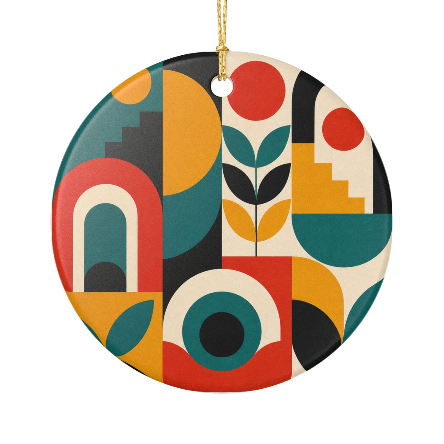 Mid Century Arches Botanical Geometric Abstract Ceramic Ornament, Holiday Keepsa