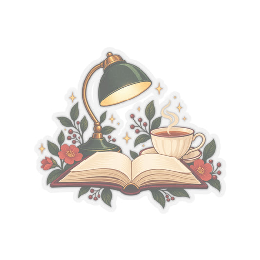 Cozy Book Lamp and Botanical Reading Art Sticker