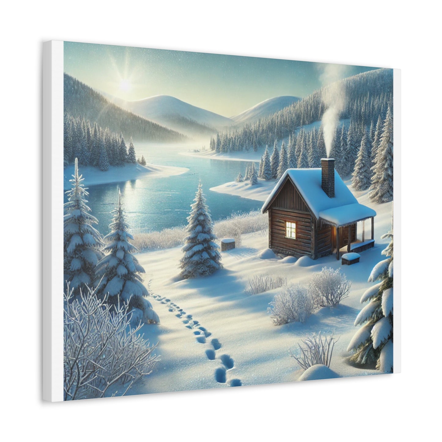 Snowy Cabin Winter Lake Landscape Art Canvas