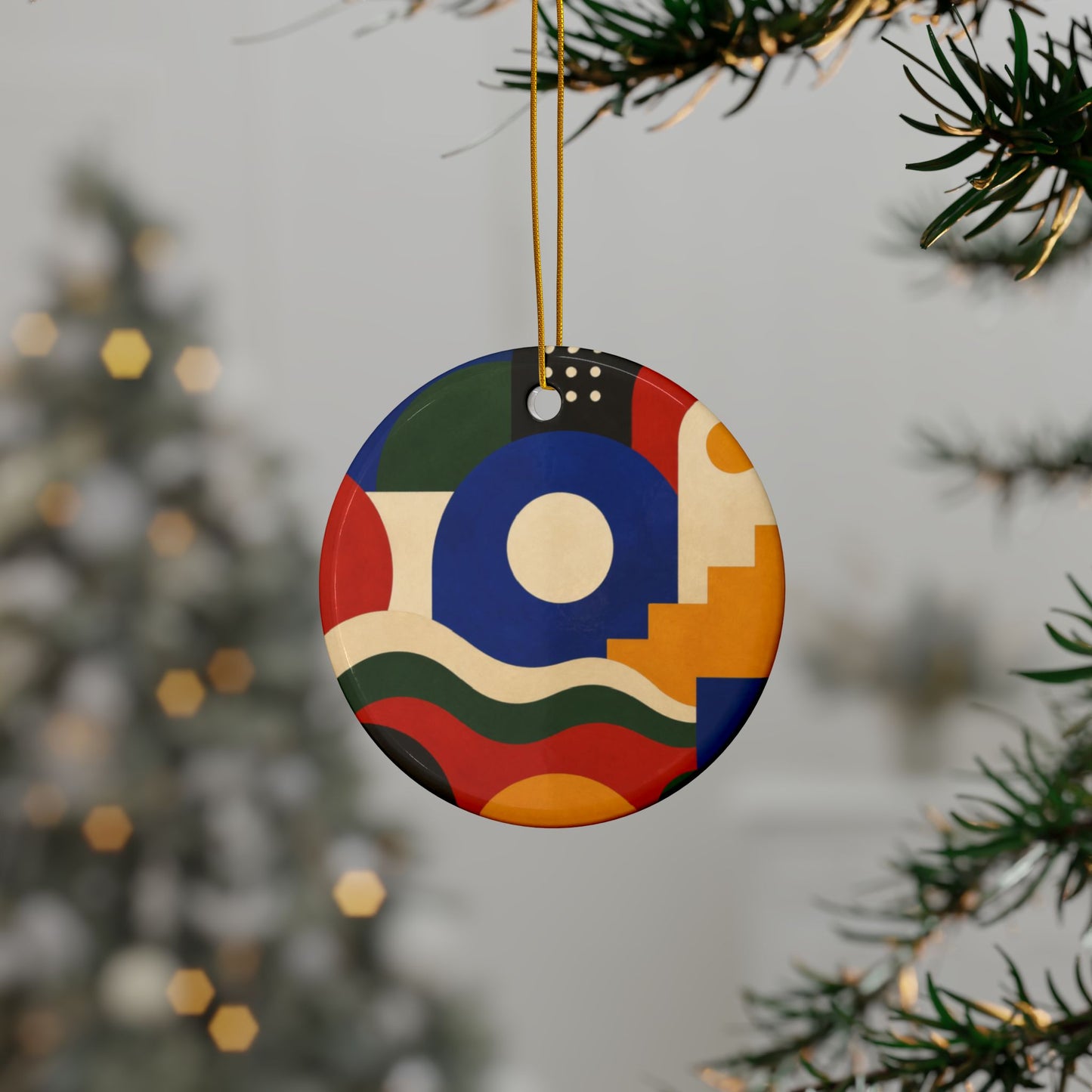 Bold Geometric Balance Abstract Art Ceramic Ornament, Holiday Keepsake and Gift