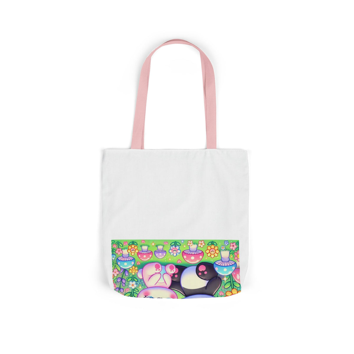 Pastel Panda and Bunny Rainbow Garden Canvas Tote Bag