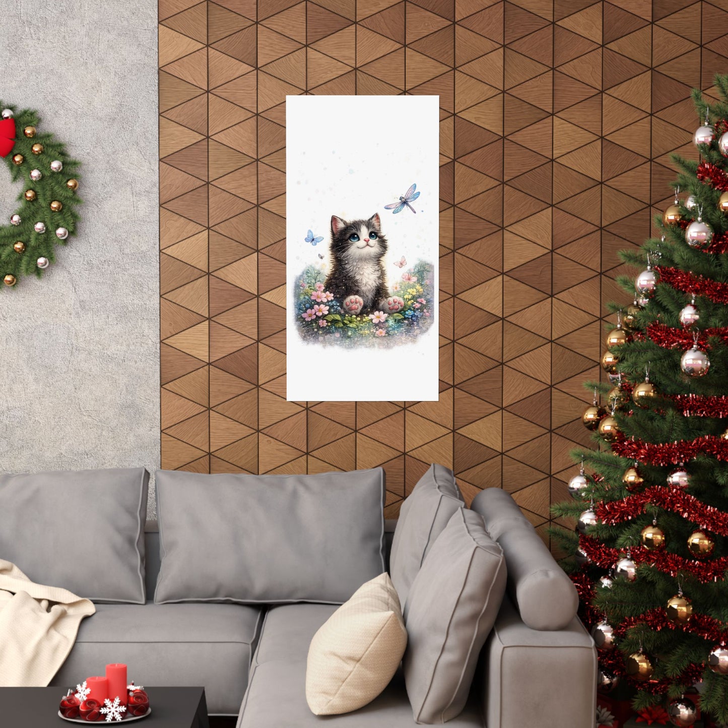 Whimsical Kitten Butterfly Garden Art Poster