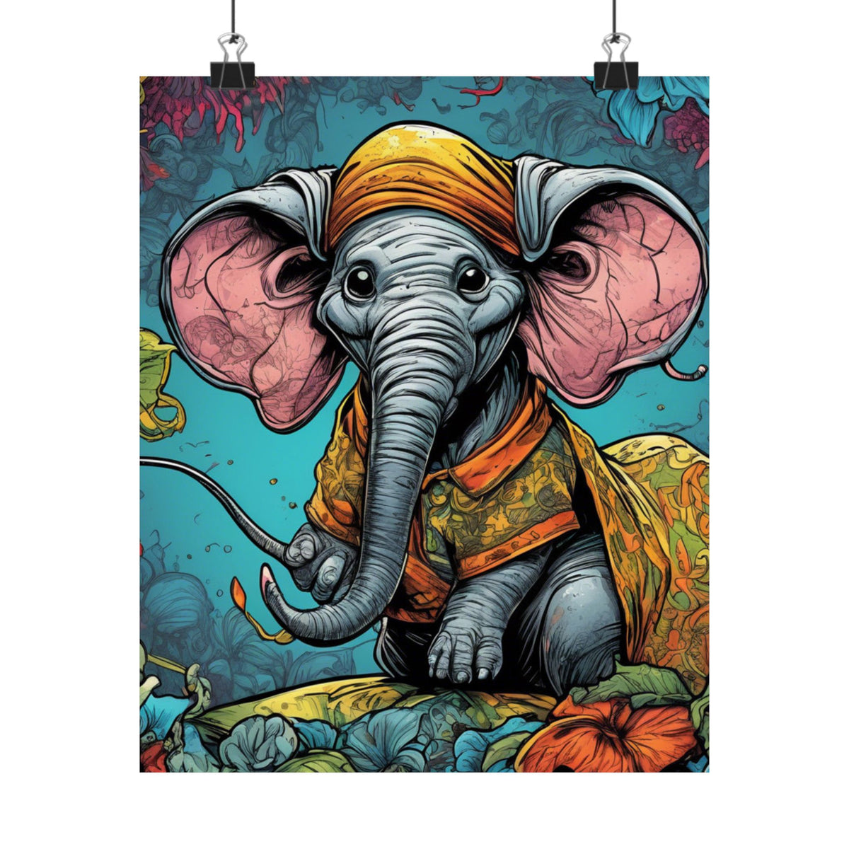 Colorful Storybook Elephant Floral Garden Wall Art Poster