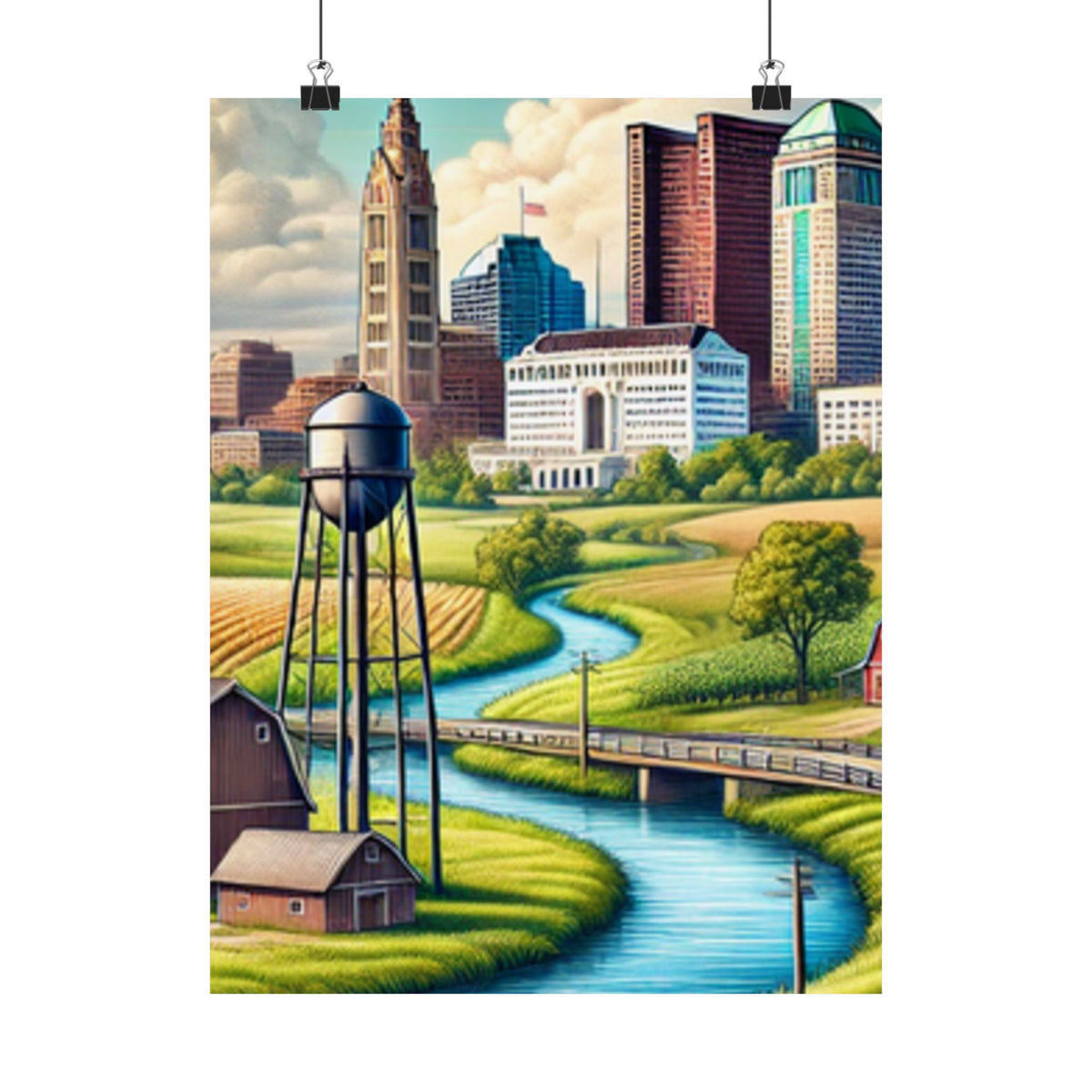 Rural River City Skyline Hometown Landscape Poster Art