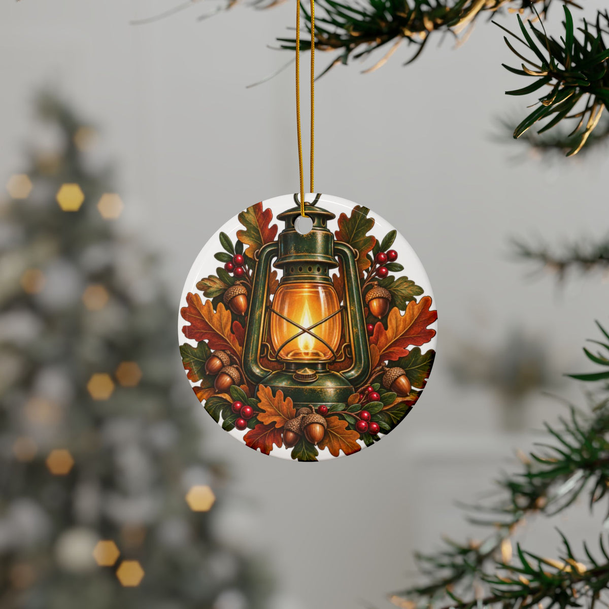 Autumn Oak Lantern and Acorns Round Ornament