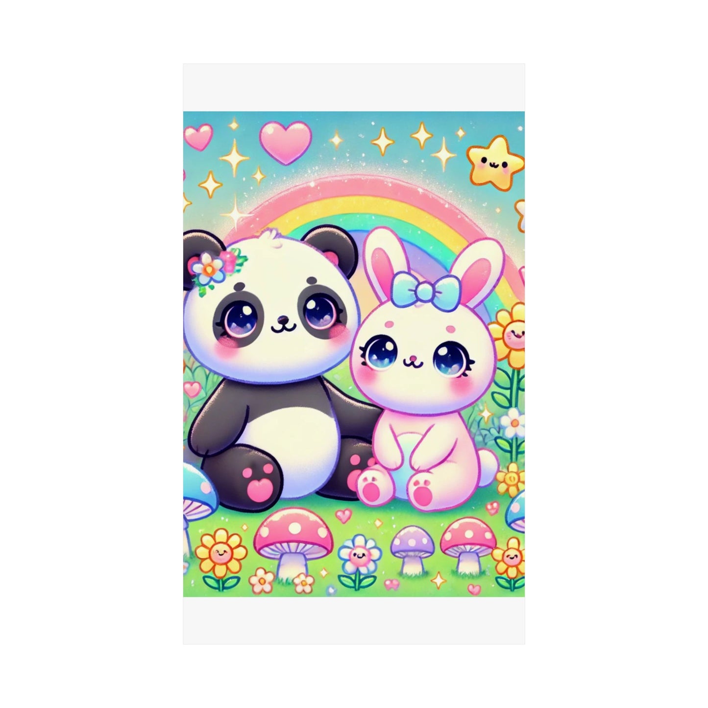 Pastel Panda and Bunny Rainbow Garden Wall Art Poster