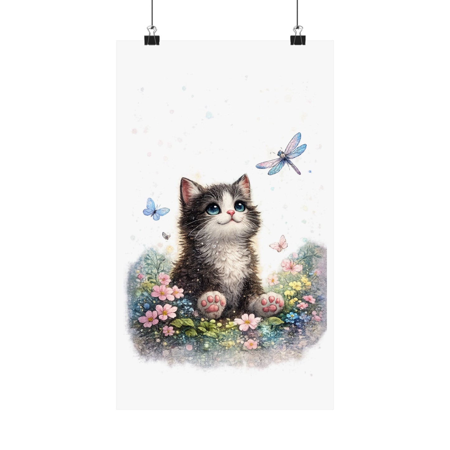Whimsical Kitten Butterfly Garden Art Poster