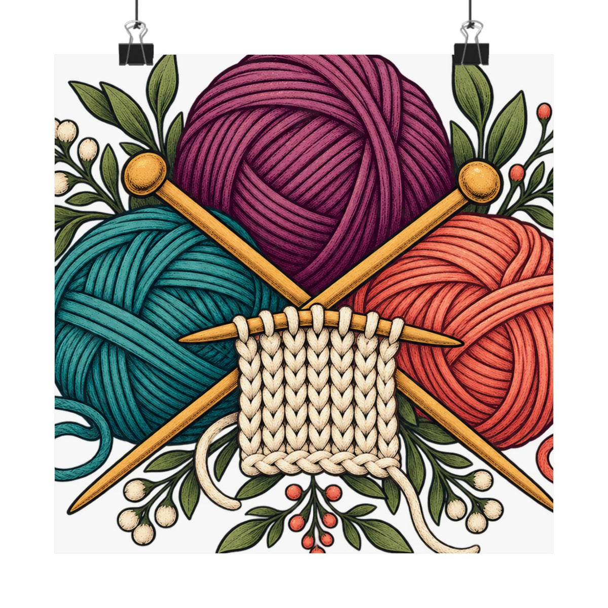 Retro Yarn and Knitting Botanical Art Poster